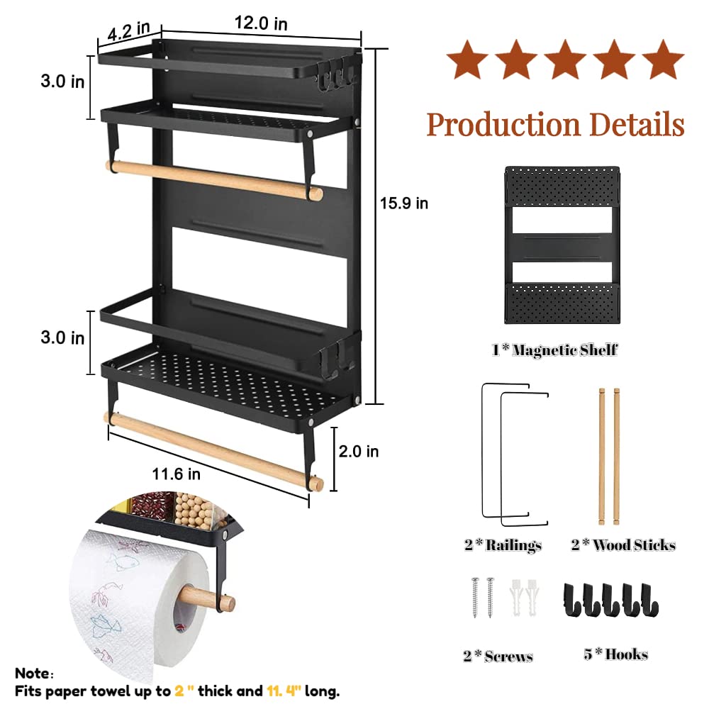 2-Tier Magnetic Spice Rack & Paper Towel Holder - Black Refrigerator Organizer for Kitchen Storage | Space-Saving Spice Shelf for Pantry, Cabinets & Small Kitchens