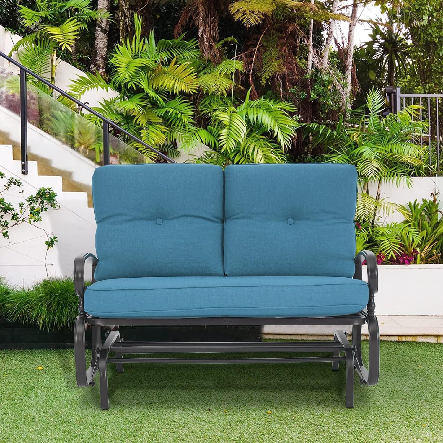 **Incbruce 2-Person Outdoor Glider Rocking Chair - Steel Frame Patio Loveseat Bench with Cushion for Porch, Garden & Backyard - Perfect for Relaxing, Reading & Enjoying Nature (Blue)**