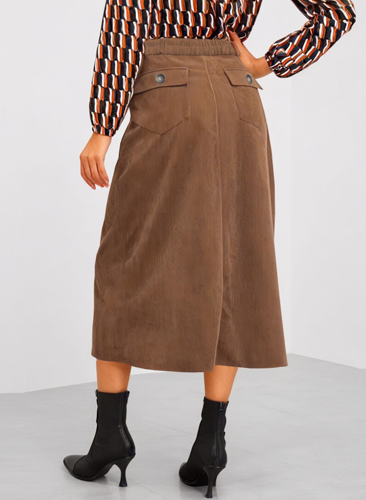 Happy Sailed Women's High Waist Split A-Line Corduroy Skirt - Casual Midi Skirt with Pockets for Work, Date Night & Fall Outfits | Comfortable & Stylish
