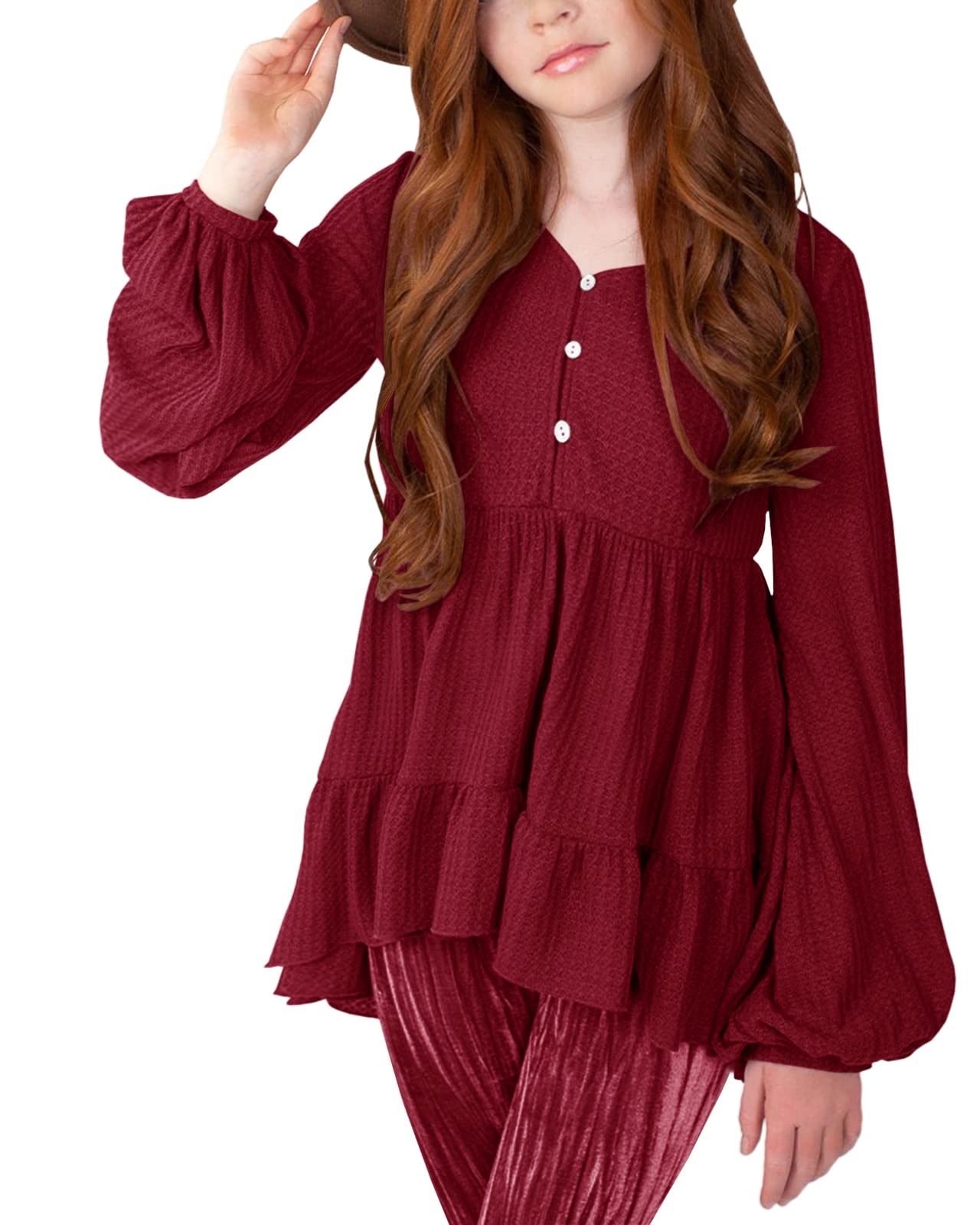 Popheartgo Girls Waffle Knit Tunic Top - Babydoll Peplum Ruffle Blouse with Long Sleeves - Loose Fit High Low Jumper for Kids - Perfect for School, Parties, and Casual Outings