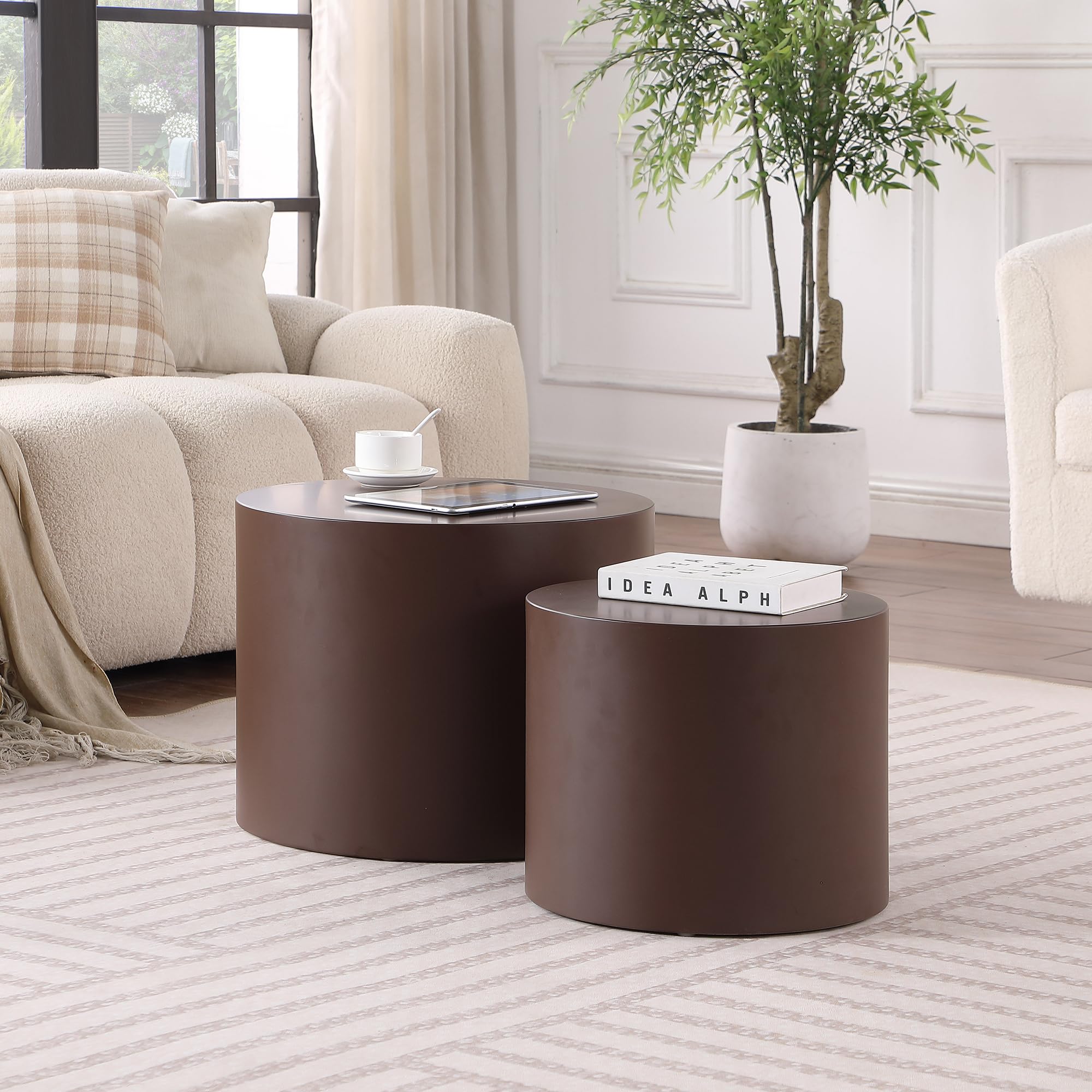 Modern Round Nesting Coffee Table Set of 2 - Brown MDF Side & End Tables for Small Spaces, Living Room, Apartment | Perfect for Compact Homes, Studio Apartments & Cozy Living Areas