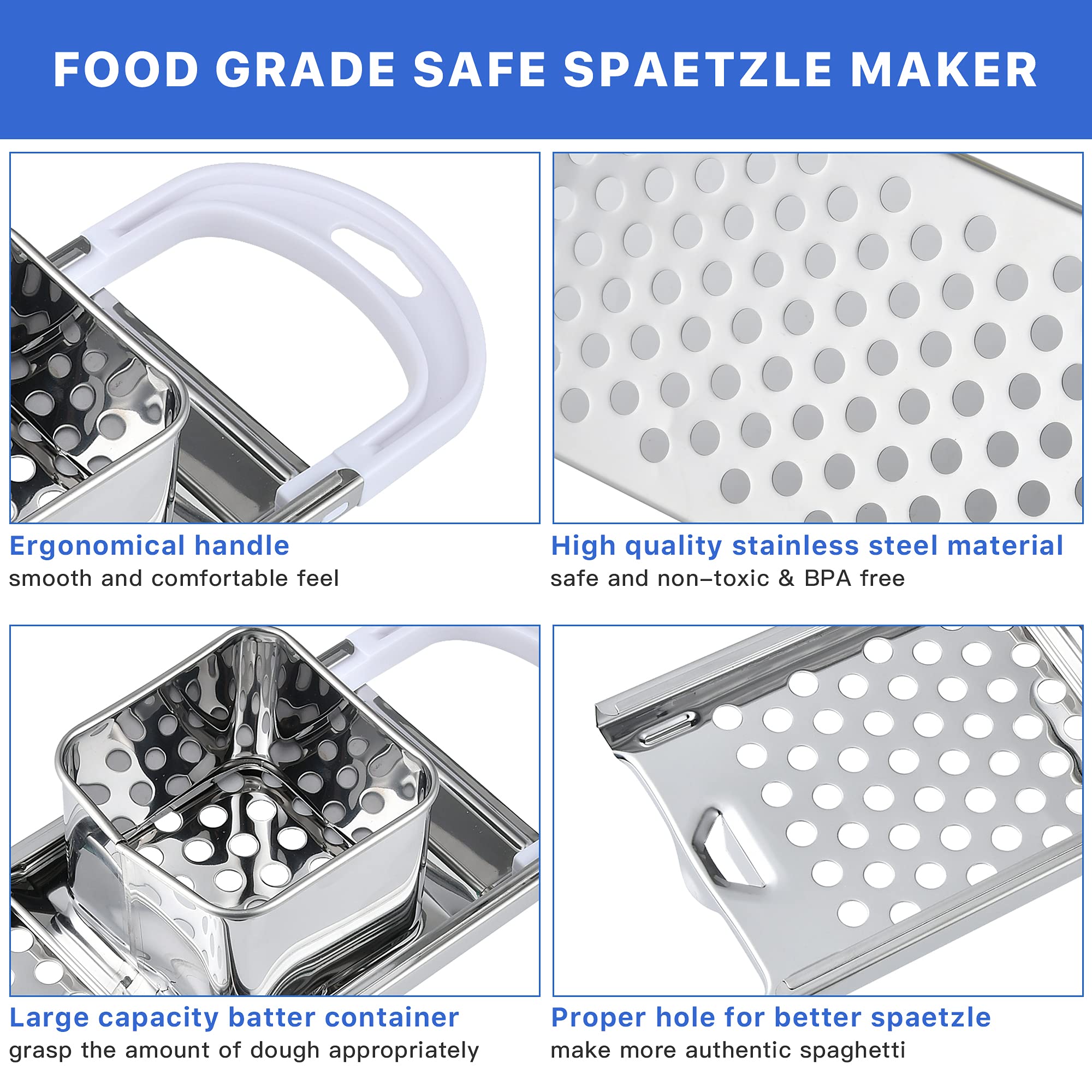 Premium Stainless Steel Spaetzle Maker - Authentic German Noodle Press with Ergonomic Rubber Handle | Includes Skimmer, Spider Strainer, Silicone Spatula & Cleaning Brush | Perfect for Homemade Pasta, Dumplings & Traditional European Cuisine