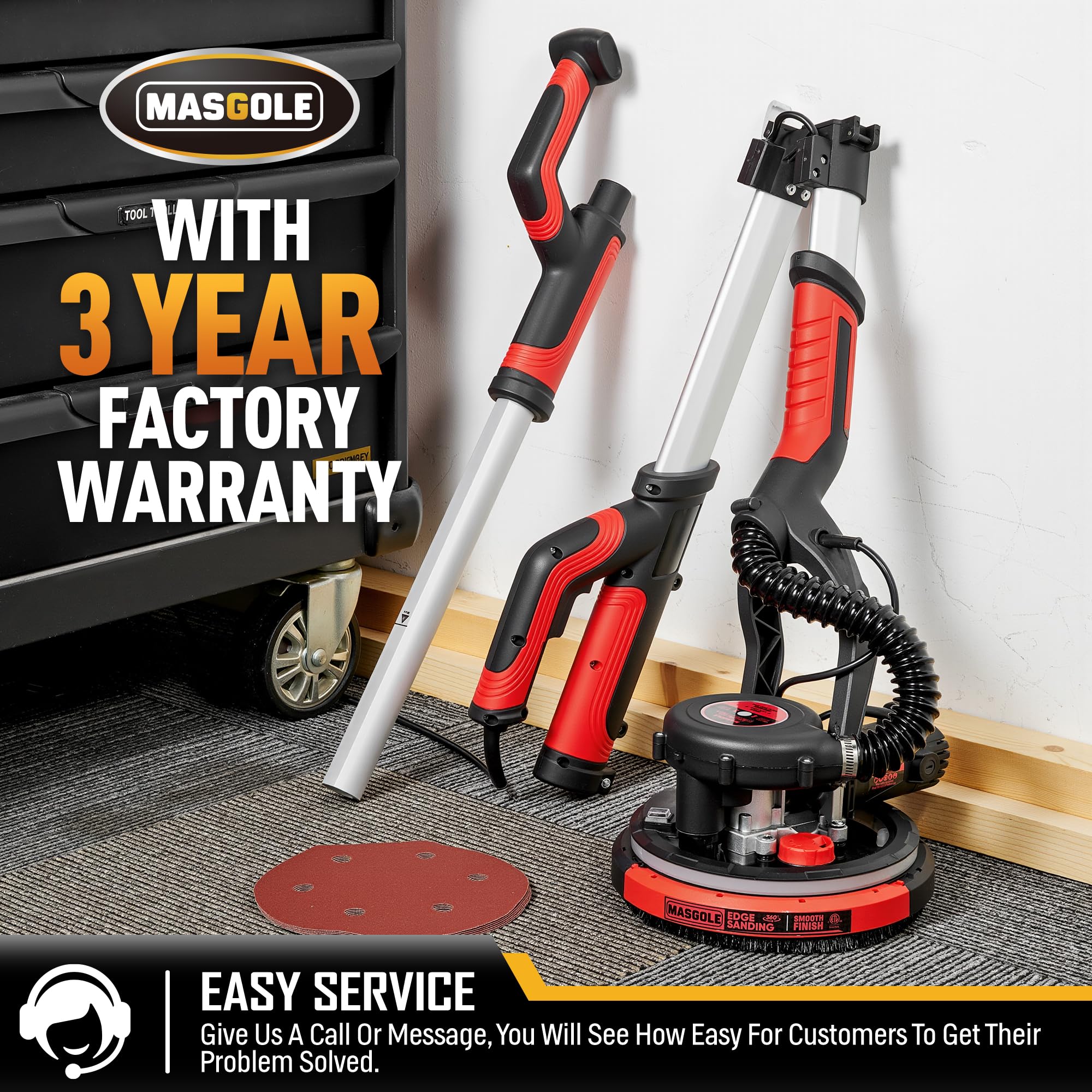 780W Electric Drywall Sander with Vacuum Dust Collector - 6 Variable Speed (900-1800 RPM), Extendable Handle & LED Light - Includes 6 Sanding Discs - Perfect for Home Renovation, Wall Smoothing and Professional Drywall Finishing