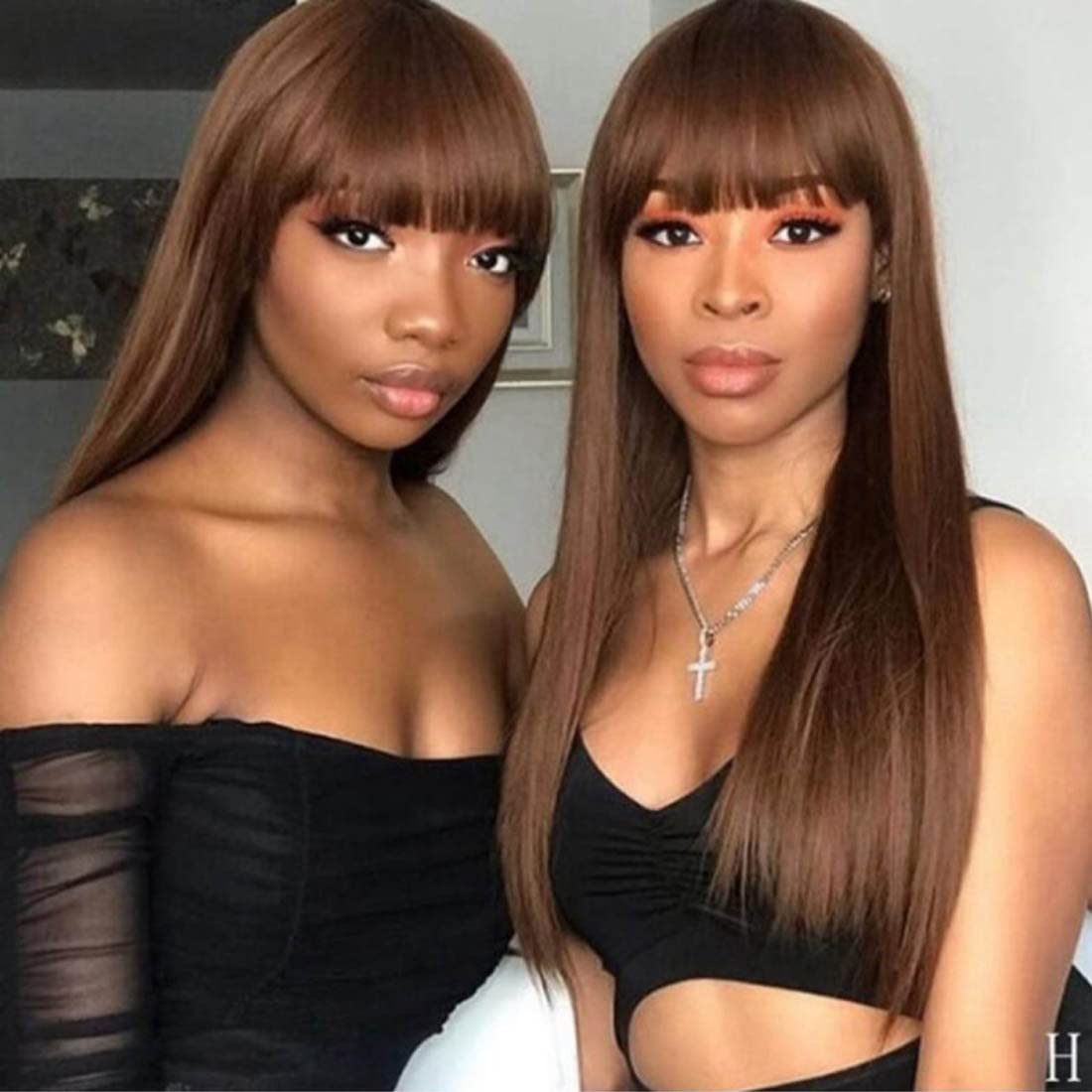 Beauty Forever #4 Chocolate Brown Straight Human Hair Wig with Bangs - 150% Density 24 Inch Glueless Machine Made Full Wig | Affordable Layered Cut for Daily Wear, Cosplay & Fashion Styling