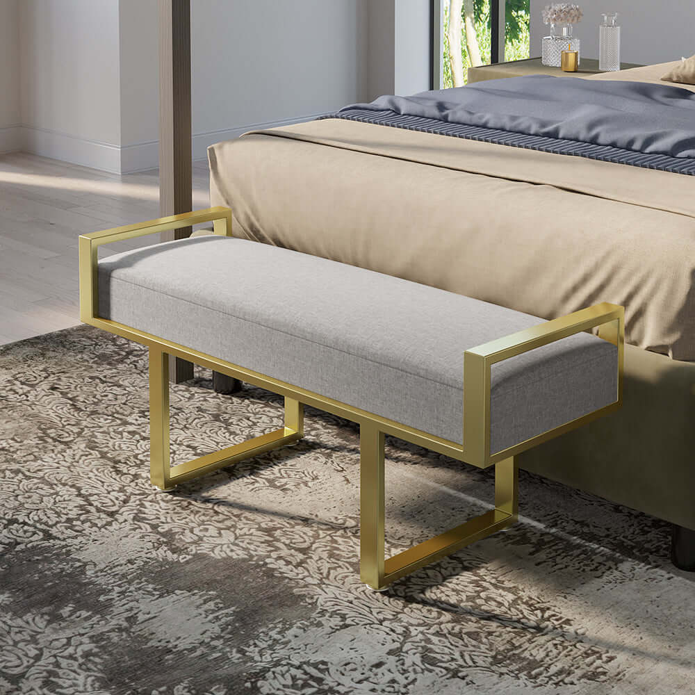 Modern Gray Linen Upholstered Ottoman Bench with Gold Legs - Bedroom, Entryway & Living Room Seating Furniture for Home Decor