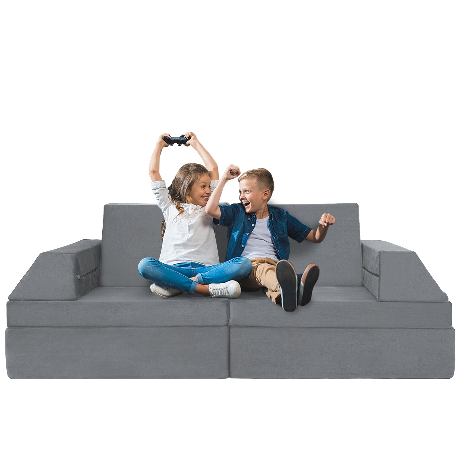 MAXYOYO 10-Piece Modular Convertible Kids Play Couch Sofa Set with Removable Soft Velvet Covers (Grey) - Perfect for Playrooms, Daycare Centers & Family Living Rooms