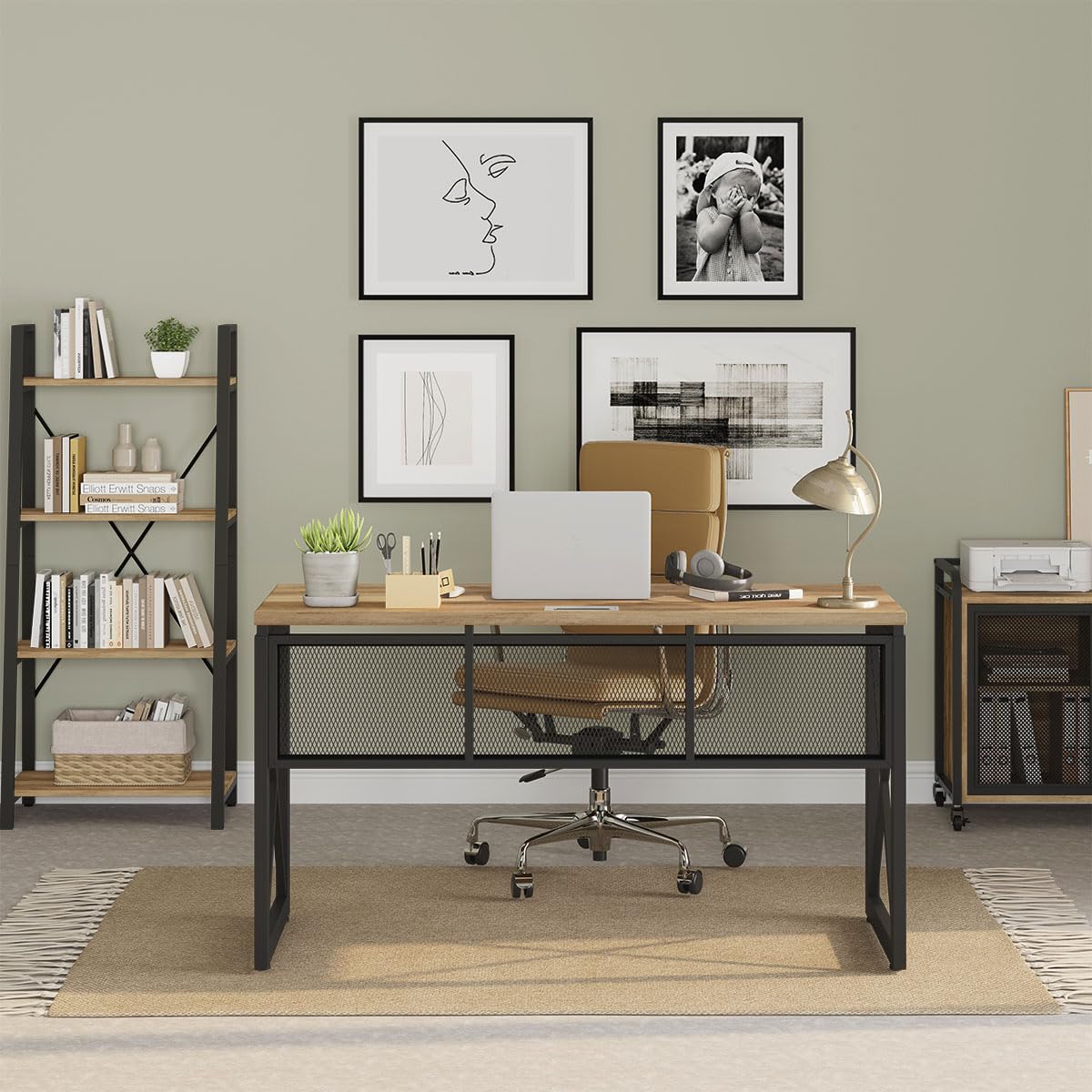 BON AUGURE 54 Inch Farmhouse Computer Desk - Modern Industrial Home Office Desk with Wood Metal Design, Sturdy Study Writing Table & Gaming Desk (Vintage Oak) - Perfect for Small Spaces, Home Office, Dorm Room & Gaming Setup