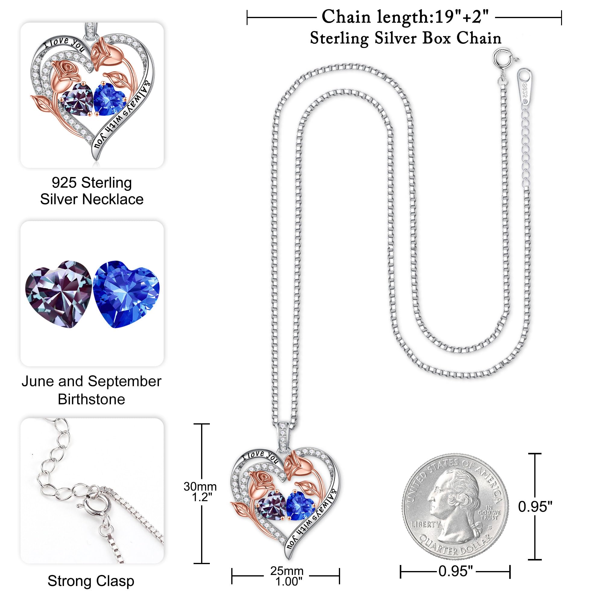925 Sterling Silver Rose Heart Birthstone Necklace for Women - Personalized Birthday, Anniversary & Mother's Day Jewelry Gift for Wife, Mom, Daughter | Elegant Everyday Wear & Special Occasion Present