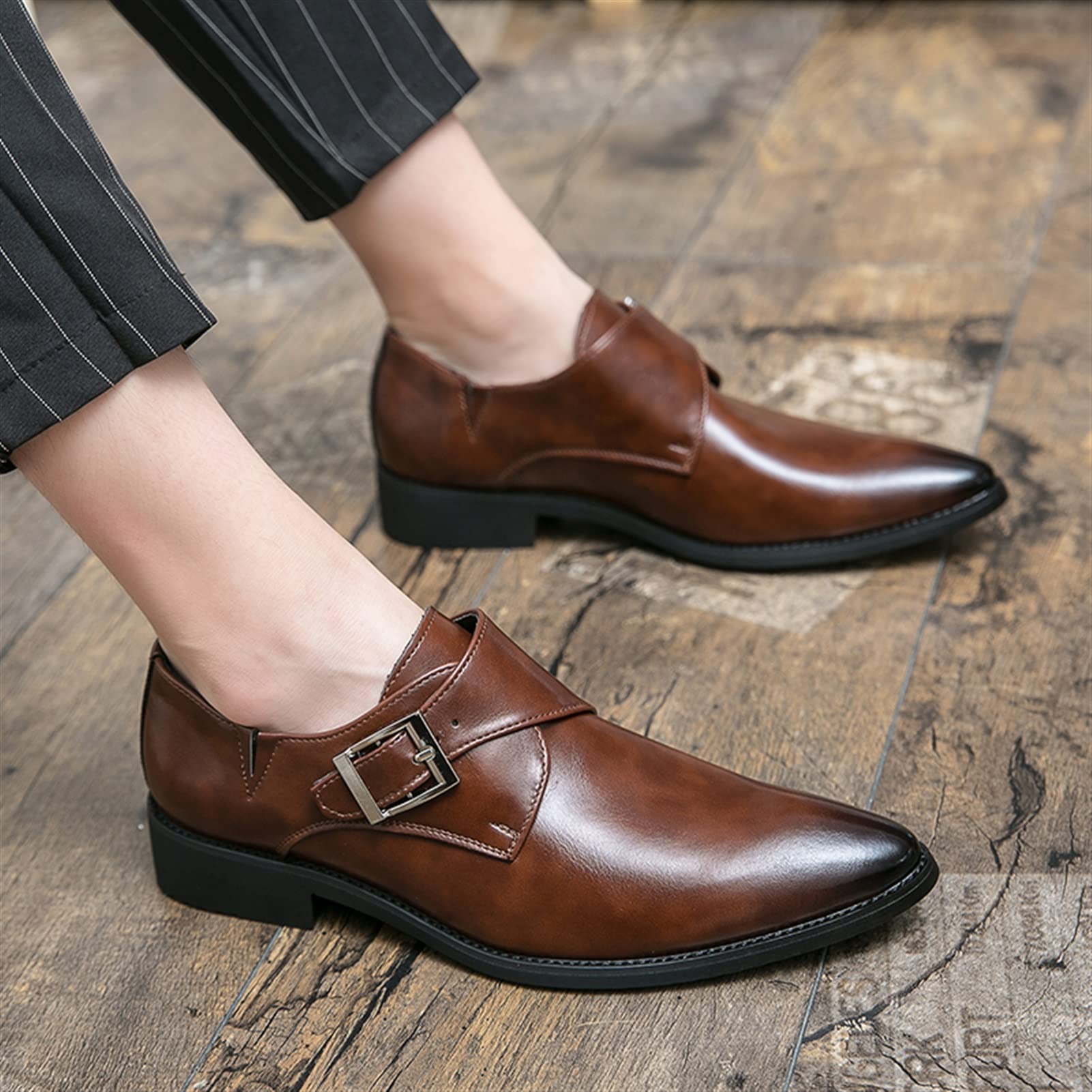 Men's Slip-On Monk Strap Oxford Dress Shoes - Burnished Pointed Toe PU Leather with Non-Slip Rubber Sole & Block Heel | Formal Office Wear, Business Attire & Wedding Occasions