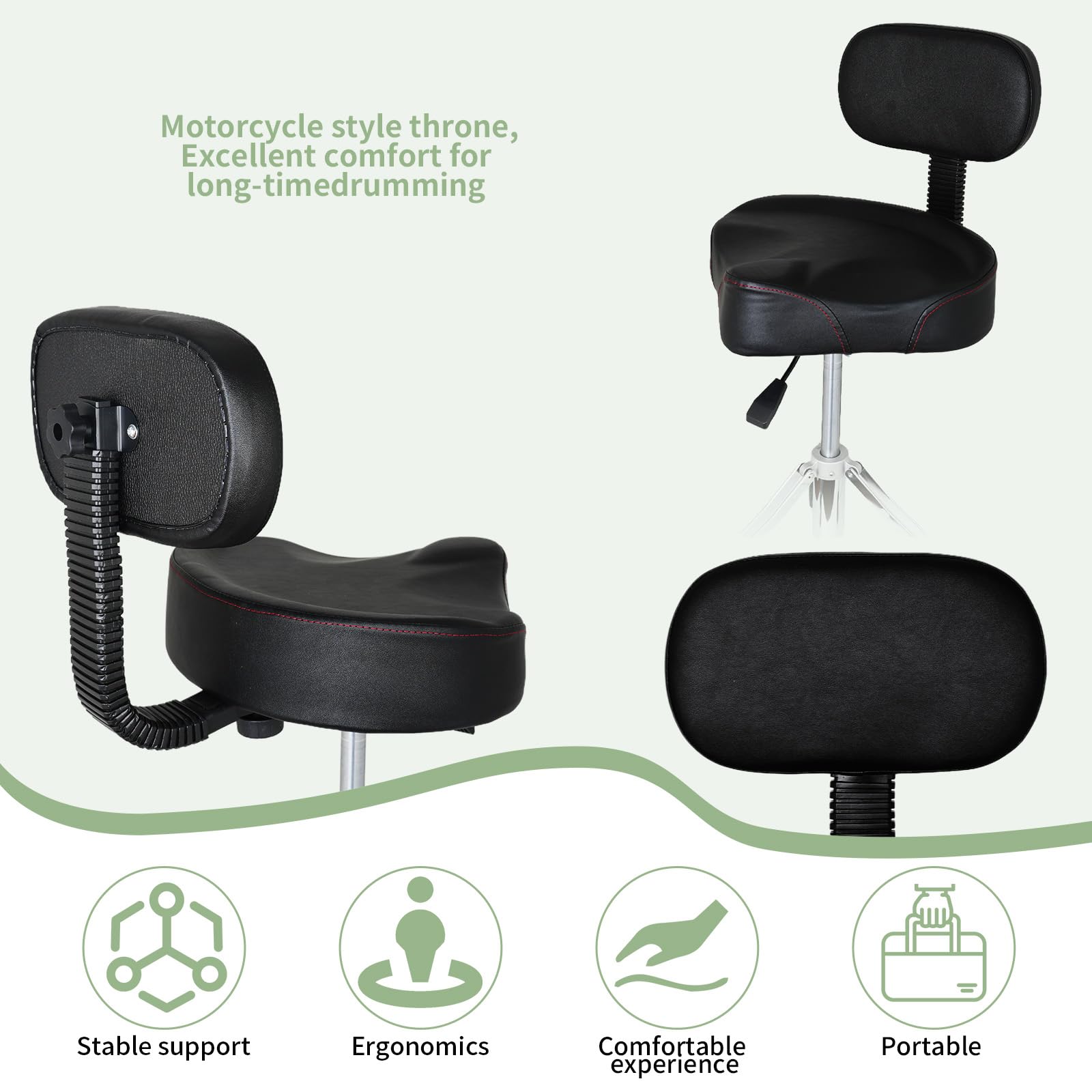Heavy Duty Hydraulic Drum Throne with Backrest - Adjustable Drum Stool Seat for Drummers, Portable & Removable Motorcycle Style Drum Chair - Perfect for Drum Practice, Live Performances & Music Studios