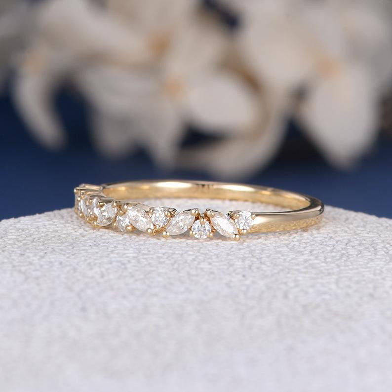 Vintage Cluster Moissanite Ring for Women - 14K Yellow Gold Marquise Stackable Wedding Band, Art Deco Inspired Jewelry for Bridal, Anniversary, and Special Occasions