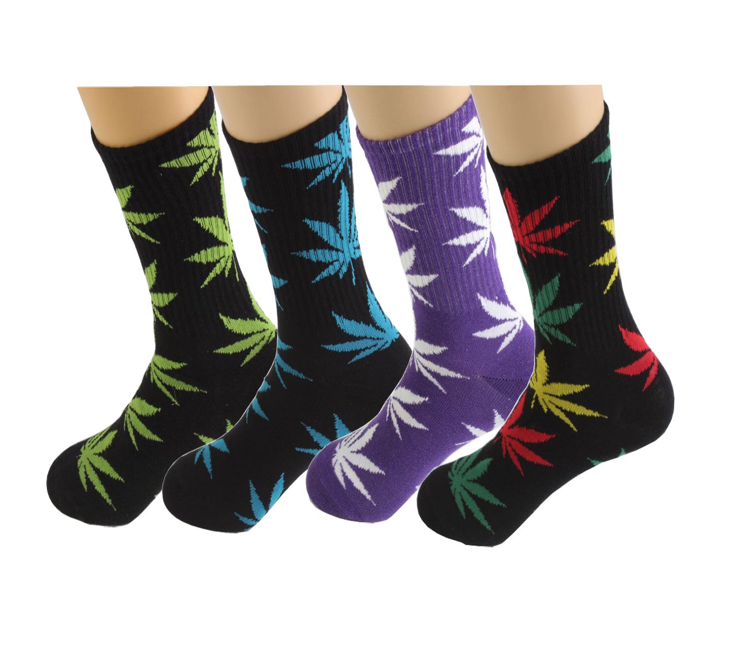 Huga Fang 4 Pairs Marijuana Leaf Print Cotton Crew Socks for Men & Women - Breathable Athletic Sports Socks for Running, Gym, Casual Wear & Festival Outfits