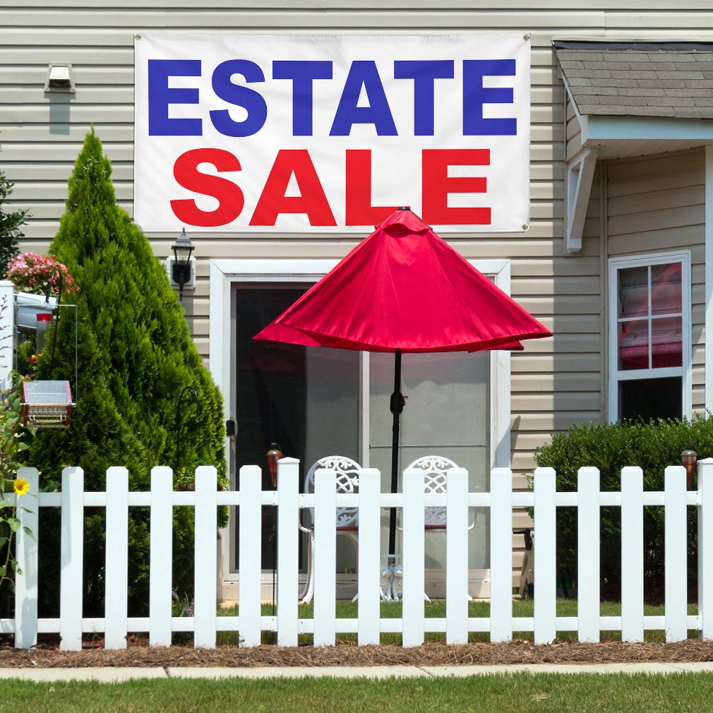 Vinyl Banner - 48x96 Inches, Multiple Sizes Available - Weatherproof Outdoor Business Sign for Estate Sales, Yard & Industrial Use - Heavy Duty with 8 Grommets (Blue/Red) - Perfect for Advertising, Events & Construction Sites