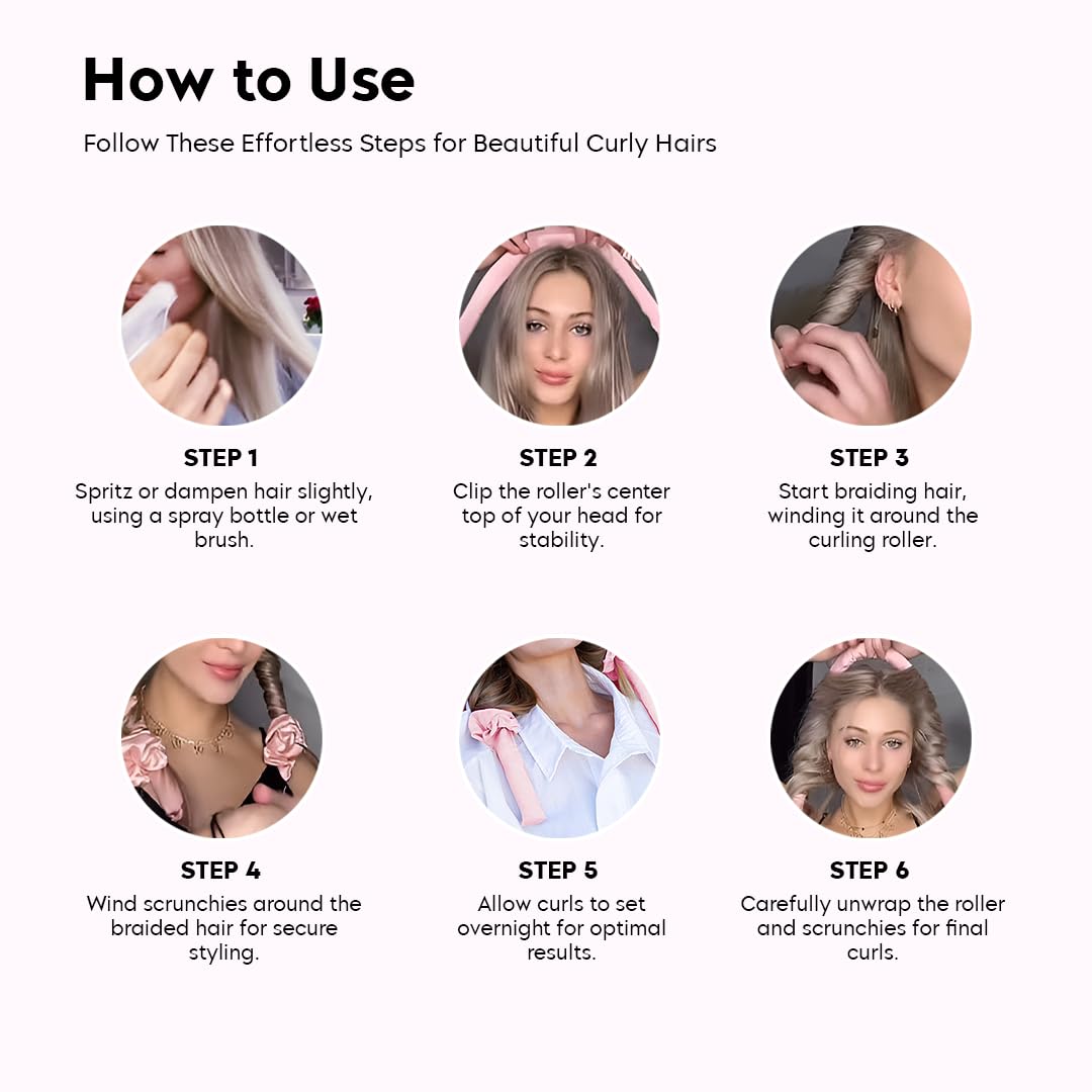 Heatless Curling Rod Headband for Overnight Curls - No Heat Silk Ribbon Hair Roller with Claw Clip - DIY Hair Styling Tool for Women & Girls (Pink) - Perfect for Sleep, Travel & Damage-Free Curls