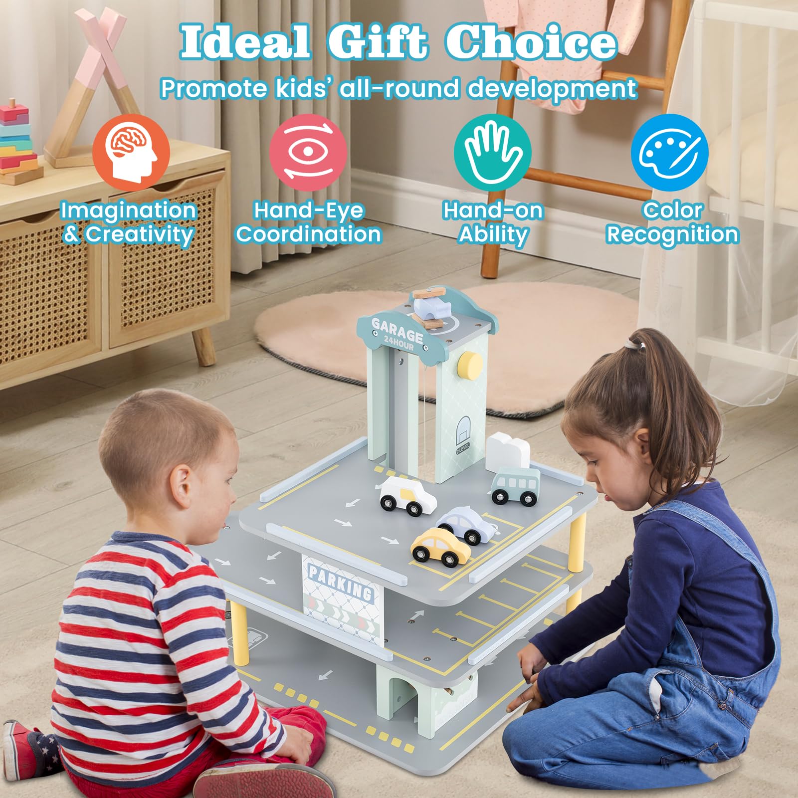 Costzon Multi-Level Wooden Toy Car Garage with 4 Cars, Helicopter & Working Elevator - Kids Parking Garage Playset with Gas Station, Charging Station & Ramps - Pretend Play Gift for Toddlers & Children Ages 3+ - Perfect for Imaginative Play, Birthday Gifts & Preschool Learning Activities