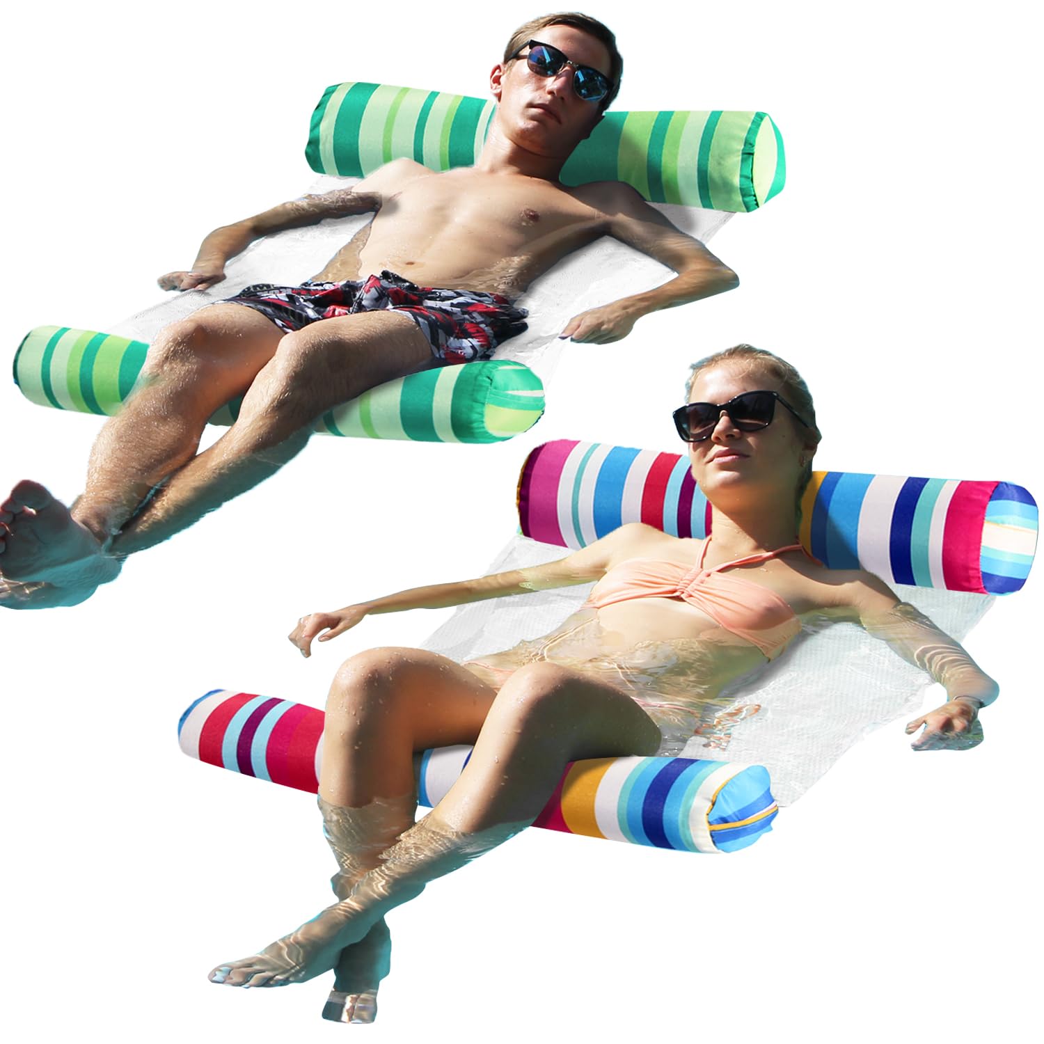 FindUWill 2 Pack Inflatable Water Hammock Pool Floats - XL Multi-Purpose Swimming Pool Floaties (Saddle, Lounge Chair, Drifter) for Adults, Perfect for Vacation, Relaxing by the Pool, Beach Lounging, and Summer Water Fun