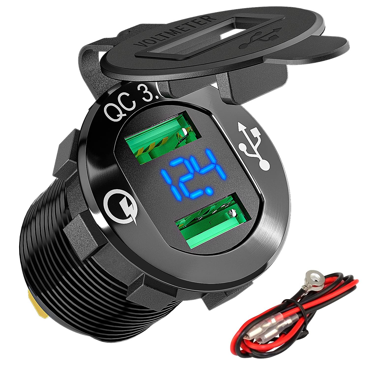 Fast Charging Car Outlet - Quick Charge 3.0 USB & 12V/24V Socket with LED Voltmeter for Automotive, Marine & ATV Use