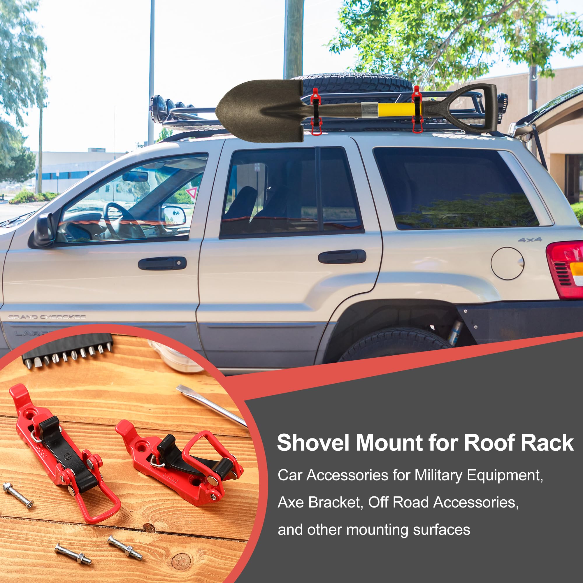 4 Pack Roof Rack Shovel Mount - Quick Fist Tool Clamp for Truck & Off-Road Gear - Military & Camping Use