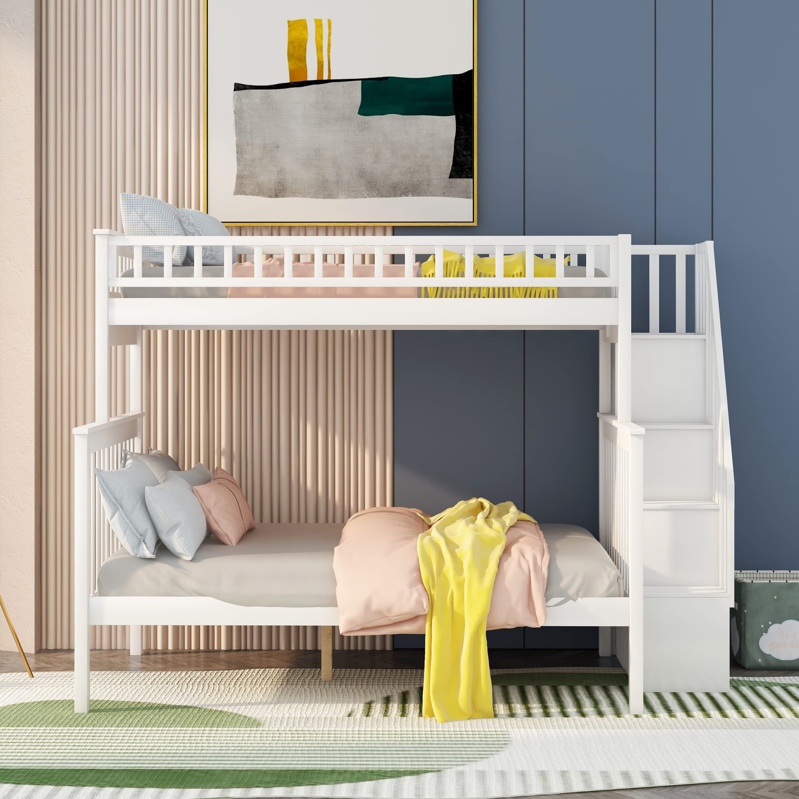 Harper & Bright Designs Twin Over Full Bunk Bed with Stairs - Solid Wood Bunk Bed Frame with Storage Shelves & Guardrails, No Box Spring Needed (White) - Perfect for Kids' Bedroom, Guest Room & Space-Saving Solutions