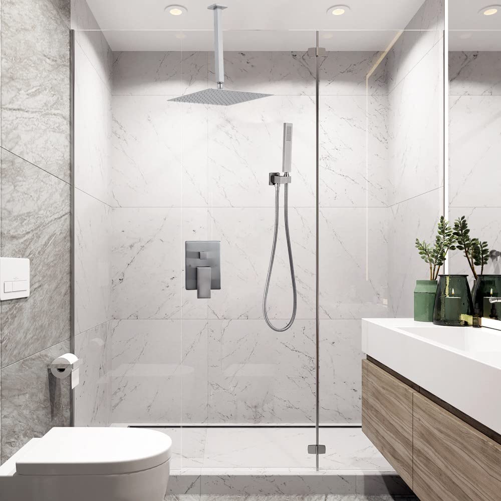 Premium 12 Inch Brushed Nickel Rain Shower Head with Handheld Sprayer - High Pressure Ceiling Mount Shower System Set (Includes Rough-in Valve & Trim) - Perfect for Luxury Bathrooms & Spa-Like Shower Experience