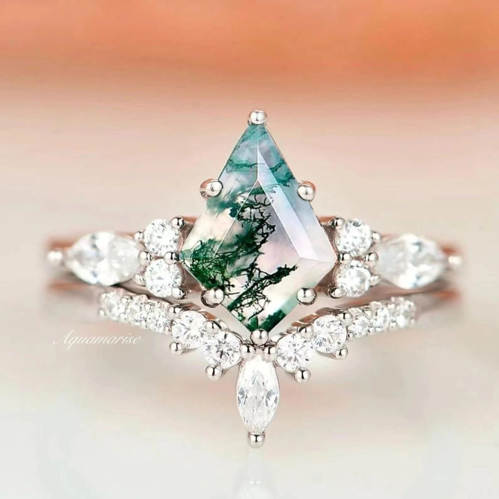 Skye Kite™ Moss Agate Couples Ring - Matching Wedding Bands for Him & Her - Natural Stone Promise Rings for Anniversary, Engagement & Romantic Gifts - Perfect for Couples, Valentines Day & Special Occasions