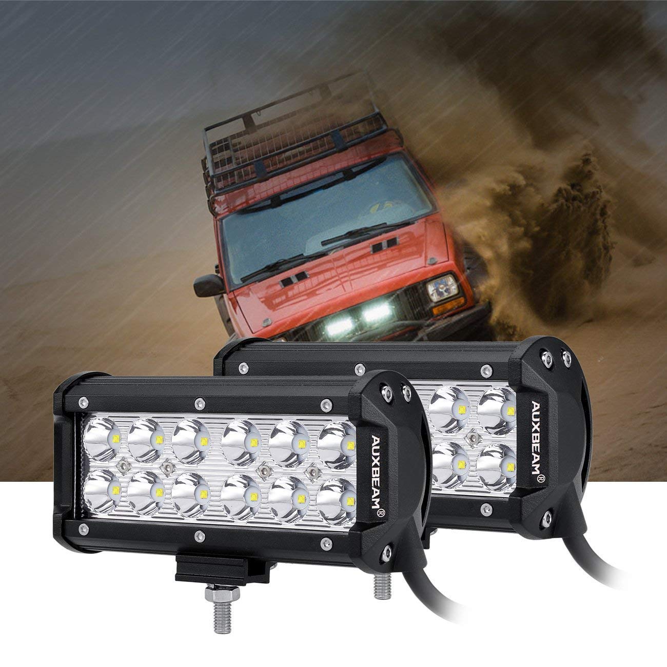 Auxbeam 7 Inch LED Light Bar 2 Pack with 6 Gang Switch Panel Kit - Blue LED Off-Road Lights for Trucks, Jeeps, ATVs & UTVs - Waterproof Spot & Flood Combo Beam for Night Driving, Camping & Outdoor Adventures