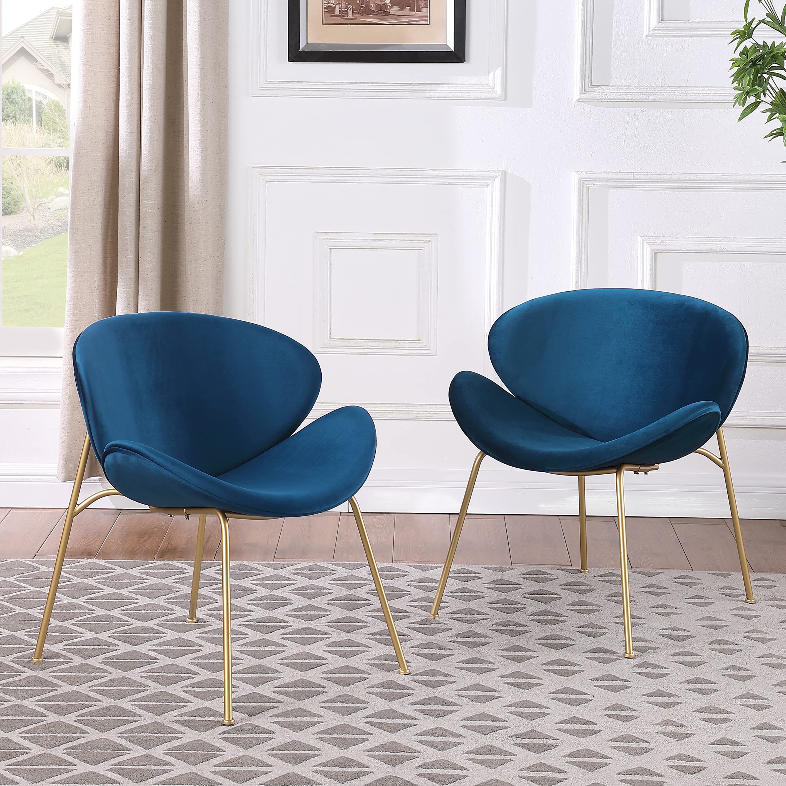 Yoluckea Velvet Vanity Chair Set of 2 - Modern Upholstered Accent Chairs with Gold Metal Legs for Living Room, Bedroom & Makeup Desk | Elegant Arced Seat & Back Design | Perfect for Dining Room, Kitchen & Home Decor (Blue)