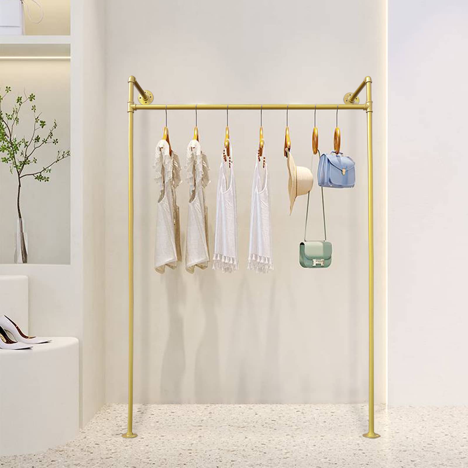 Wall-Mounted Garment Rack - Heavy Duty Metal Clothing Display Stand with Gold Square Design for Stores, Bathrooms & Closets | Space-Saving Storage Solution for Hanging Clothes, Towels & Accessories