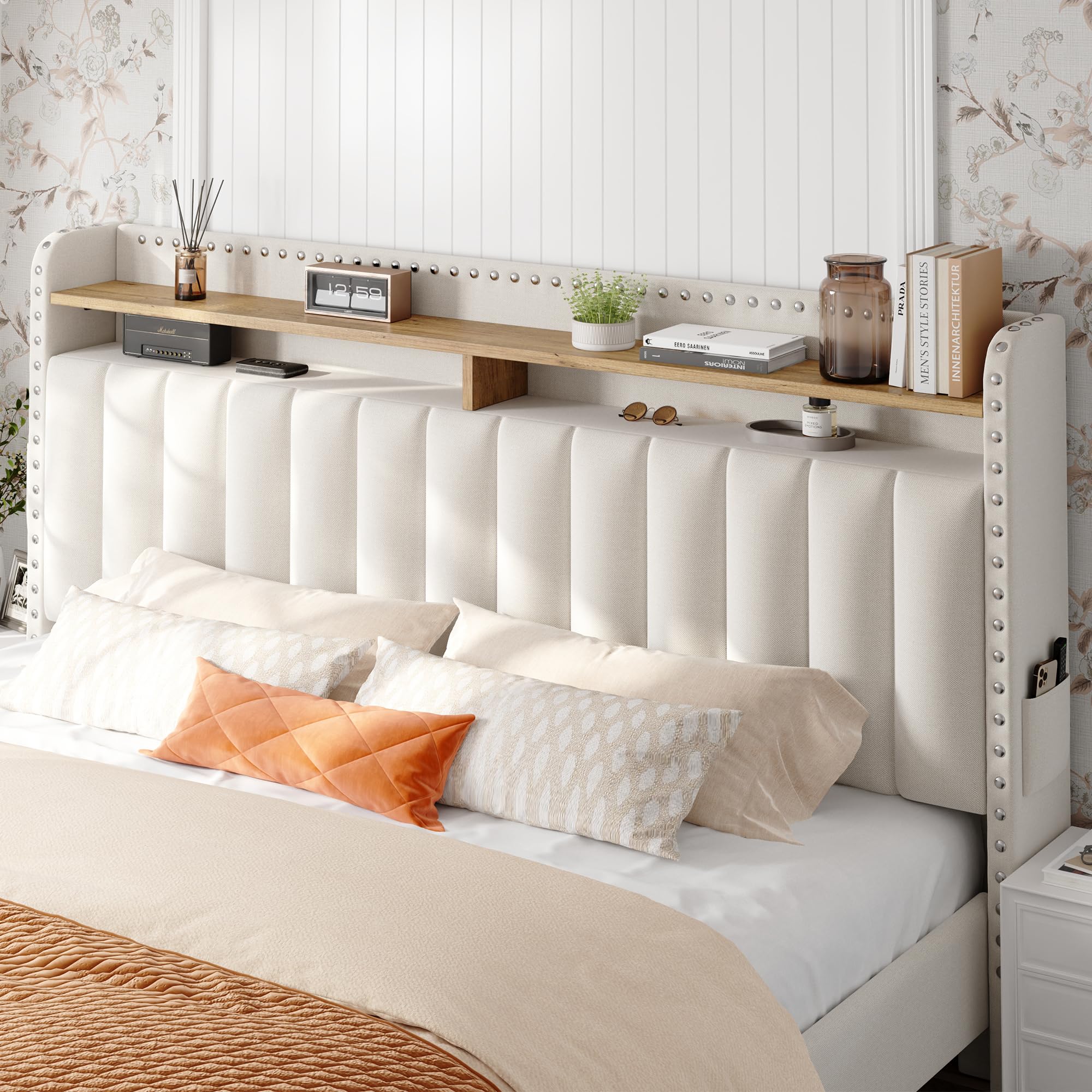EnHomee Upholstered Queen Bed Frame with Headboard & Storage - 2 Drawers, No Noise, No Box Spring Needed - Perfect for Small Bedrooms, Guest Rooms & Modern Apartments