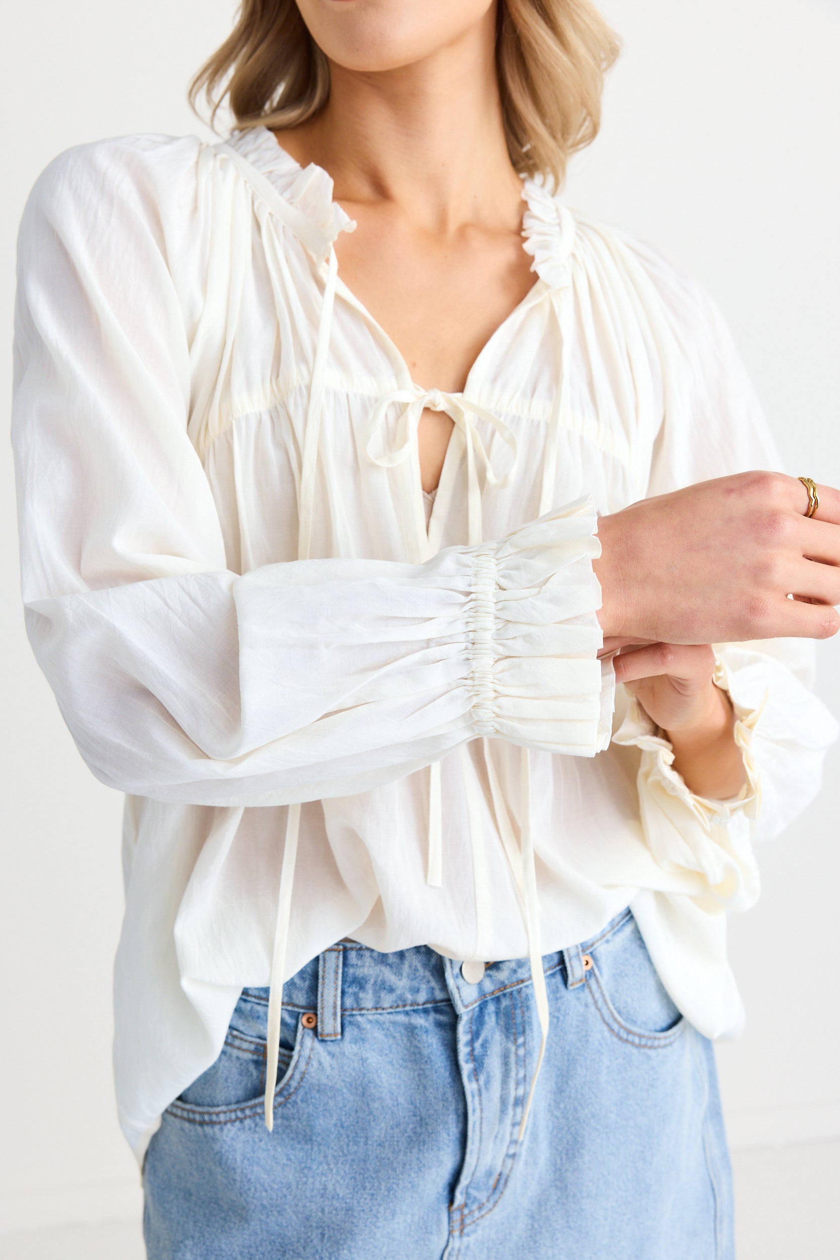 Elegant Ivory Voile Long Sleeve Tie Front Relaxed Gathered Blouse for Women | Boho Chic Loose Fit Tunic Top | Perfect for Casual Outings, Date Nights & Office Wear