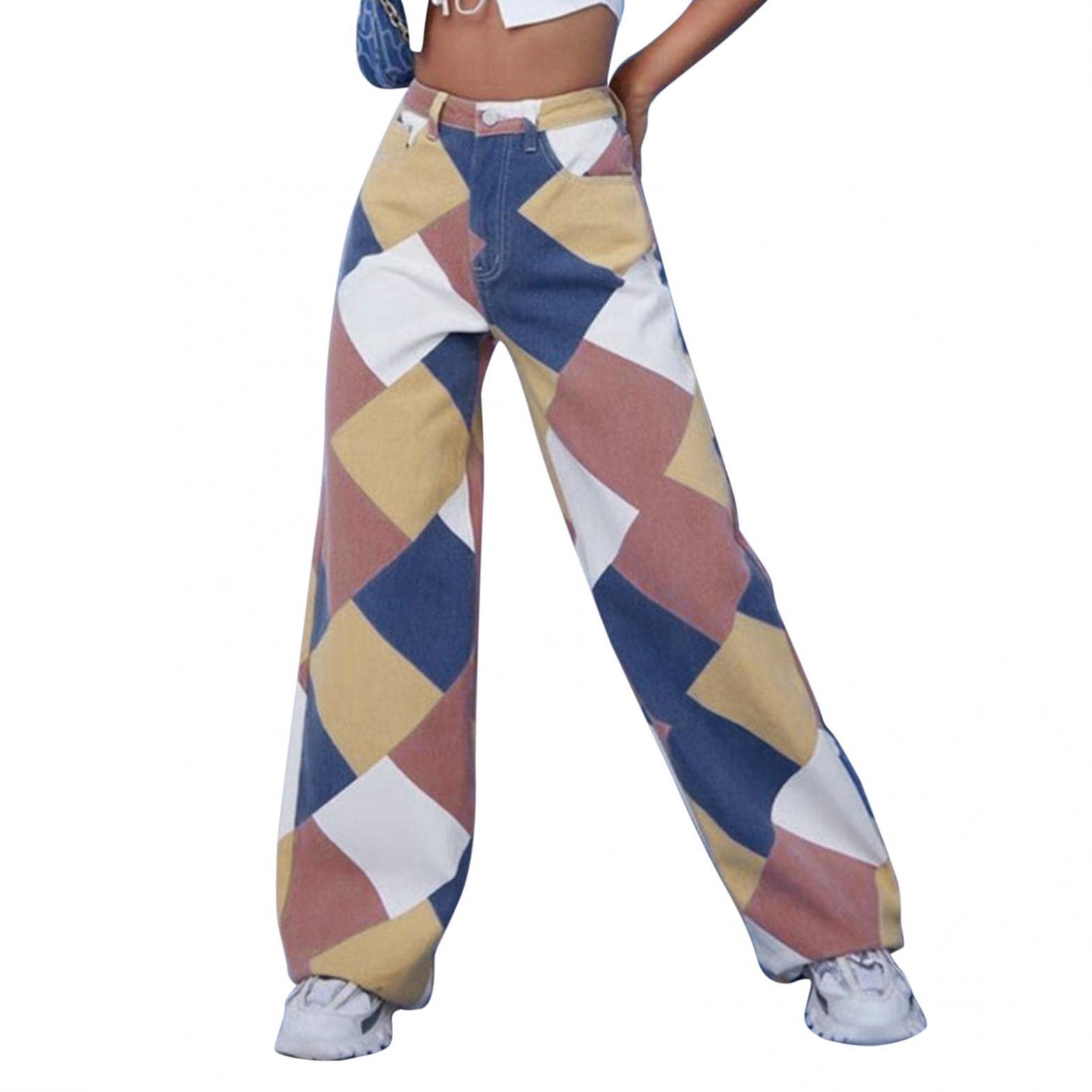 Women's Plaid Print Color Block Patchwork Wide Leg Jeans | Y2K Streetwear Casual Denim Pants | Perfect for Everyday Wear & Street Style Fashion