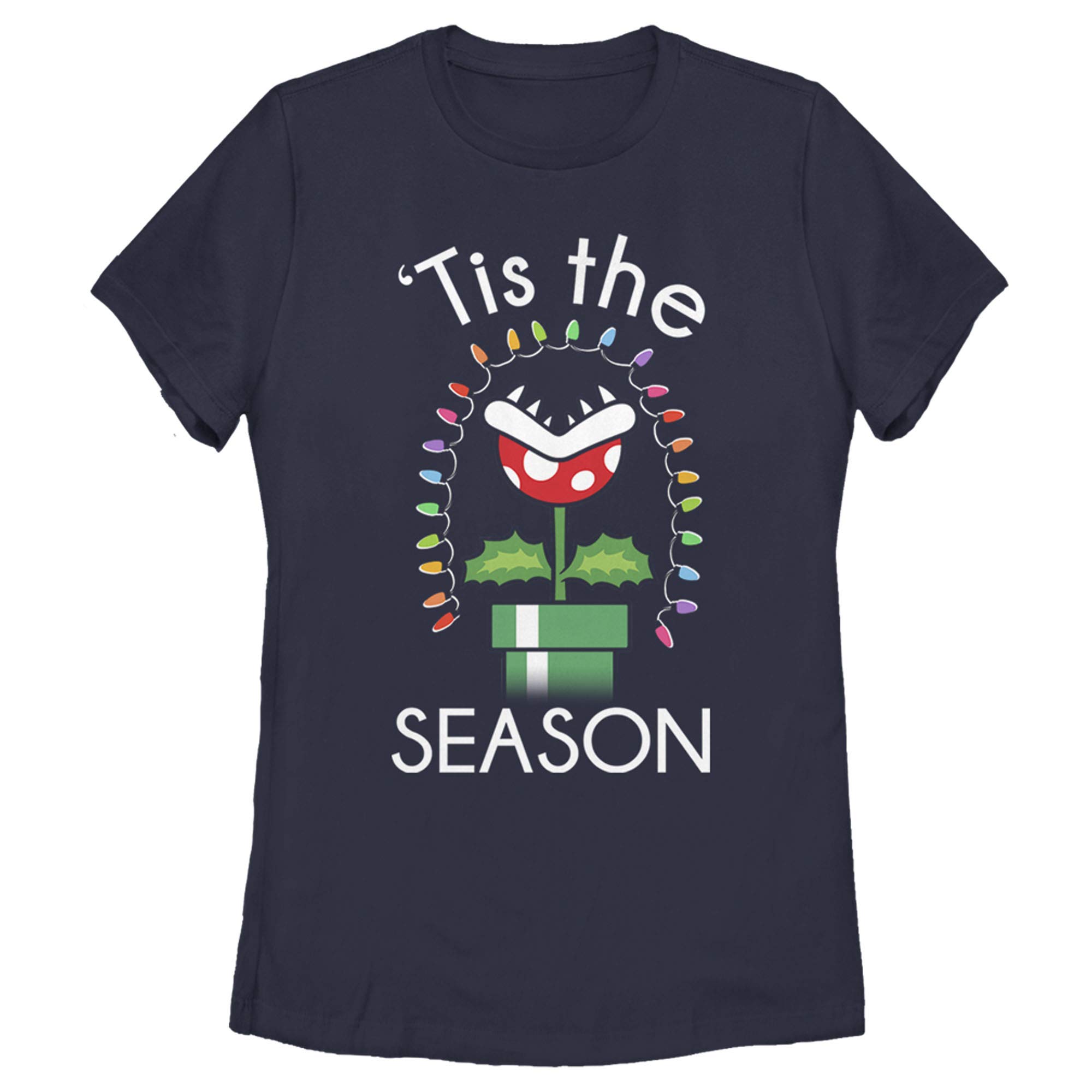 Women's Nintendo Christmas Mario Piranha Plant Graphic T-Shirt | Official Licensed Apparel | Perfect for Gaming Fans & Holiday Parties