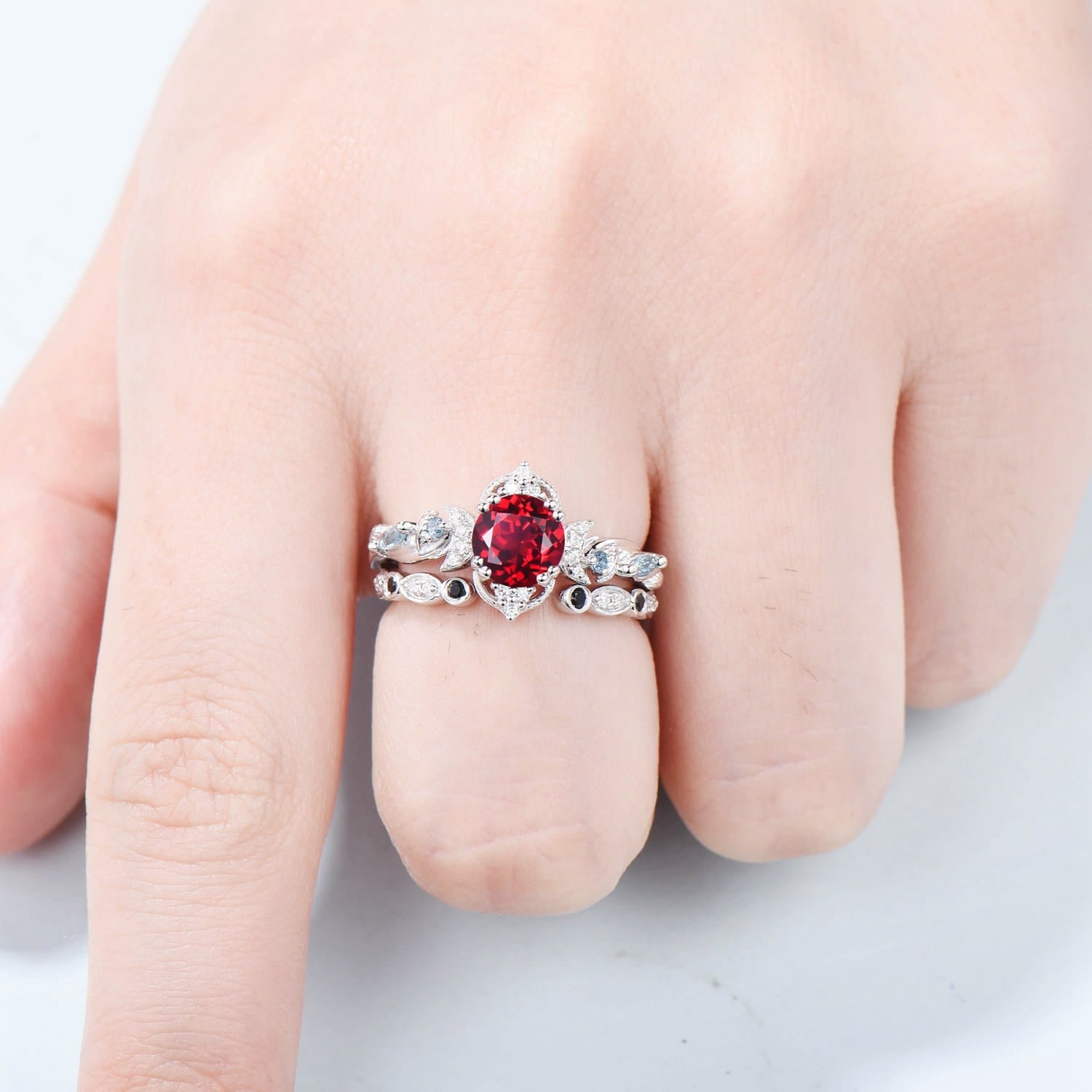 Unique Crescent Moon Ruby Engagement Ring Set with Swiss Topaz & Black Spinel - Nature Inspired Open Gap Wedding Band for Women | Perfect for Bridal Stacking, Proposal & Anniversary Gifts