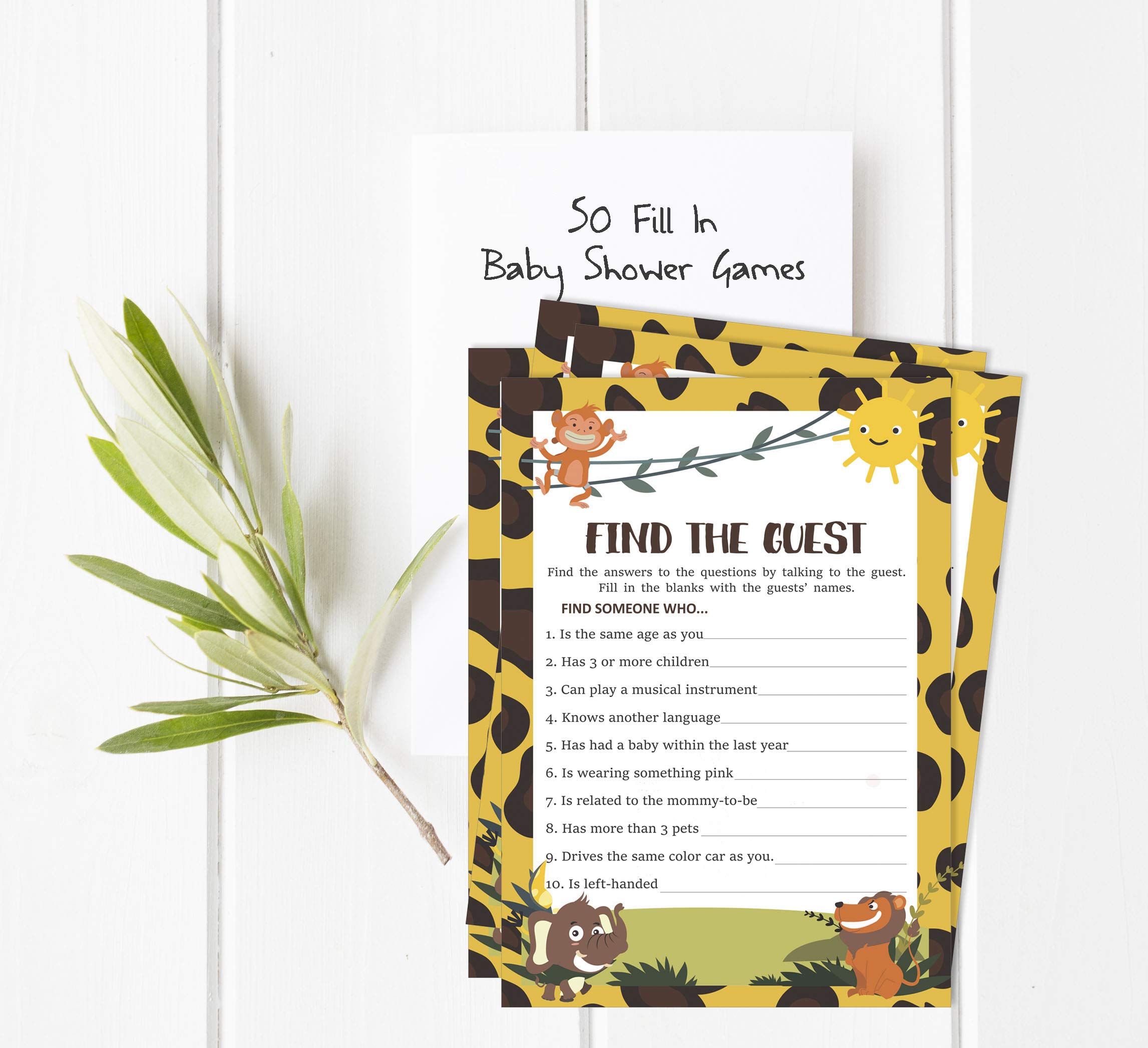 50 Find The Guest Baby Shower Game - Gender Neutral Jungle Animals Icebreaker Party Game for Baby Showers, Birthdays, and Family Gatherings