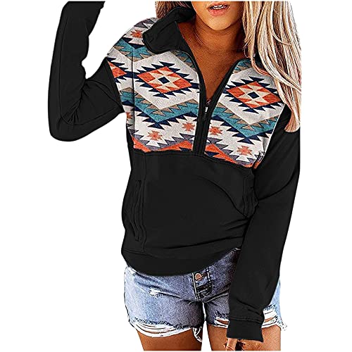 Women's Quarter Zip Pullover Hoodie - Western Aztec Ethnic Style Long Sleeve Sweatshirt for Cowgirl | Casual Fall Fashion & Outdoor Riding Wear