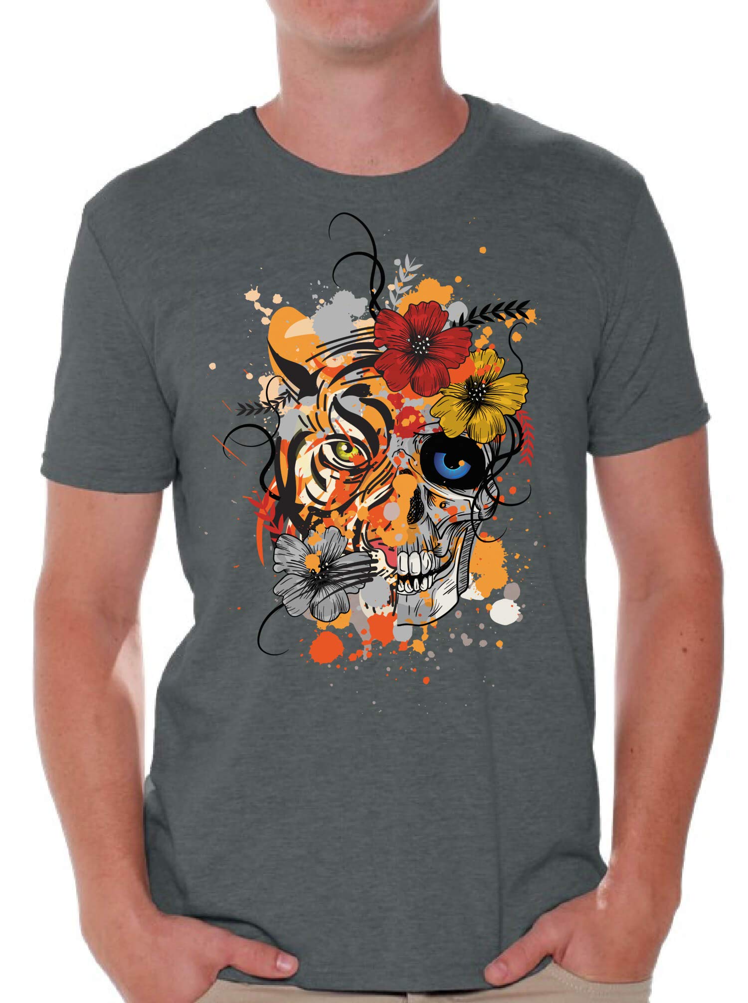 Men's Skull & Floral Tiger Graphic T-Shirt | Cool Casual Streetwear Tee for Everyday Wear, Parties & Gifts