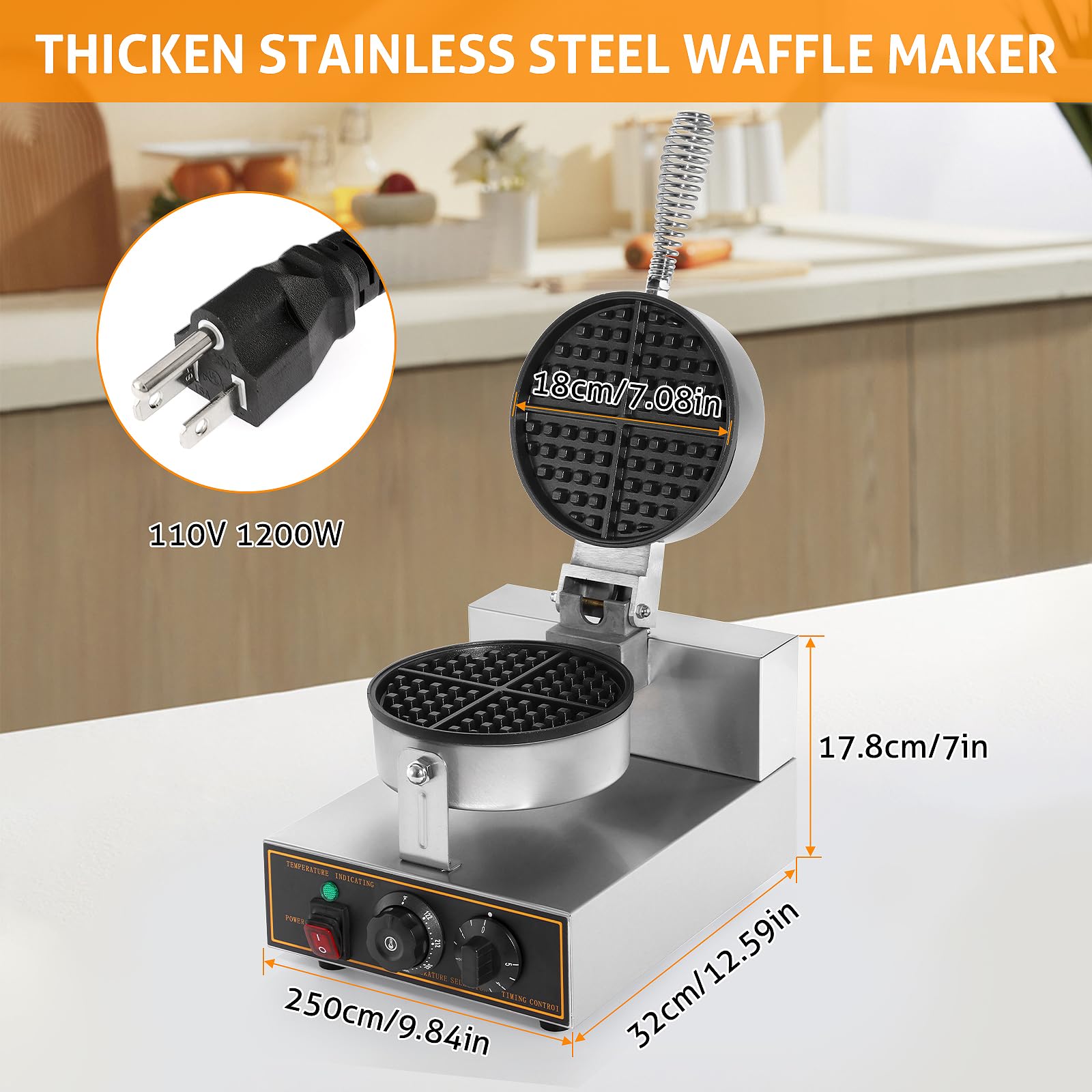 WICHEMI Commercial Round Waffle Maker - 1200W Electric Stainless Steel Waffle Iron with Non-Stick Surface for Bakery, Restaurant, Snack Bar or Home Use (110V, Single Head) - Perfect for Breakfast, Brunch, and Dessert Preparation