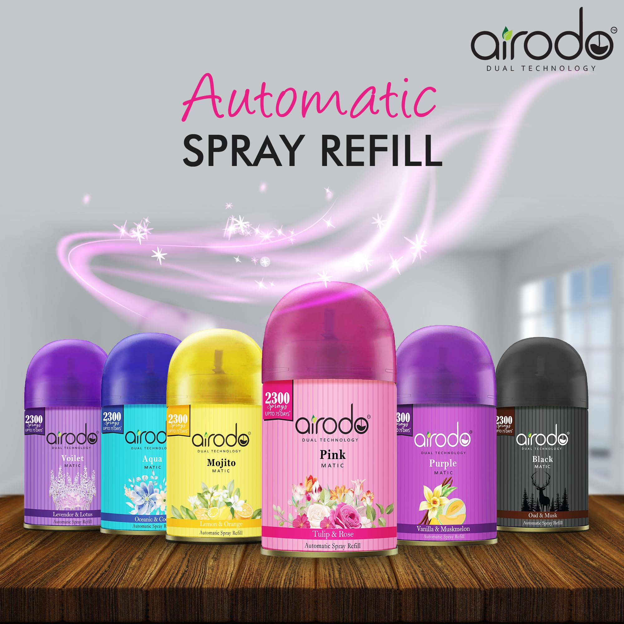 Airodo Automatic Room Freshener Refill - 2300 Sprays per Bottle, Pink Scent, Air Matic Boost Technology for Home & Office Fragrance - Perfect for Living Room, Bedroom, Bathroom, and Car