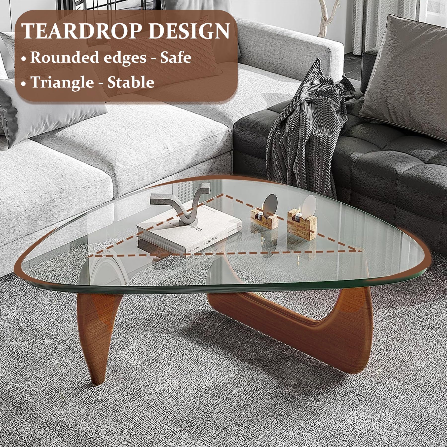 Mid-Century Modern Triangle Coffee Table with Glass Top & Natural Wood Base - Abstract End Table for Living Room, Patio, Office - Walnut/Brown, Small 32.2