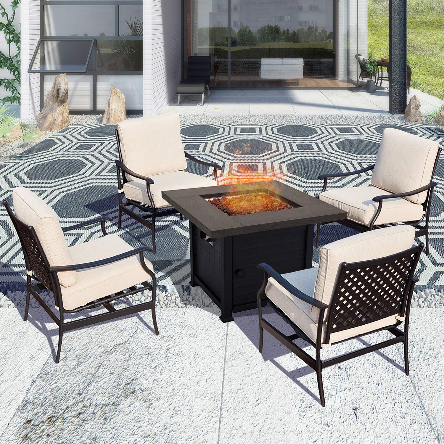 PatioFestival 5-Piece Outdoor Conversation Set with 50,000 BTU Propane Fire Pit Table (33.9 Inch) & Rocking Chairs - CSA Certified Beige Patio Furniture for Backyard, Garden, and Poolside Relaxation