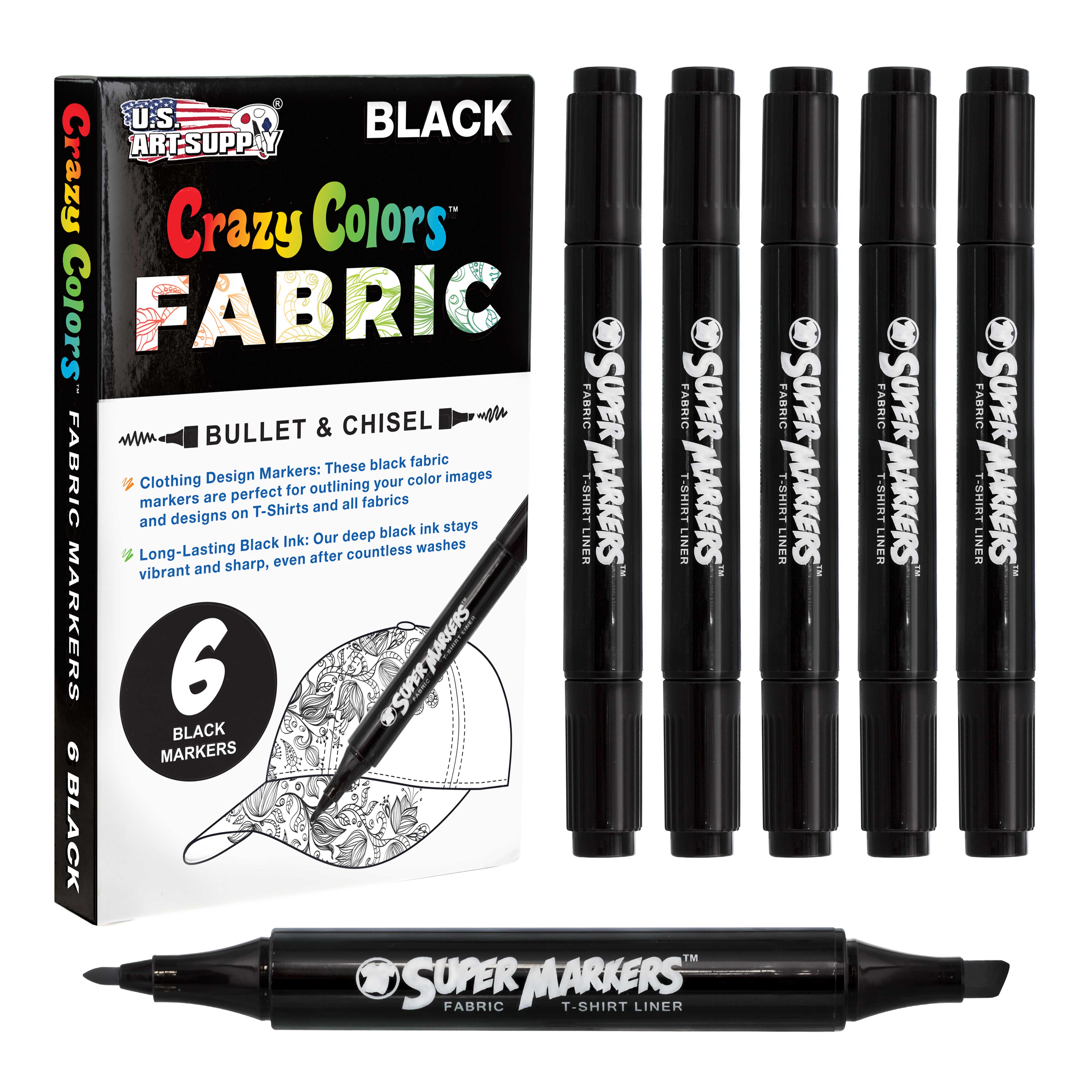 Premium Black Dual Tip Fabric & T-Shirt Markers Set of 6 - Double Ended Chisel & Fine Point Markers for DIY Crafts, Custom Clothing, and Fabric Art Projects
