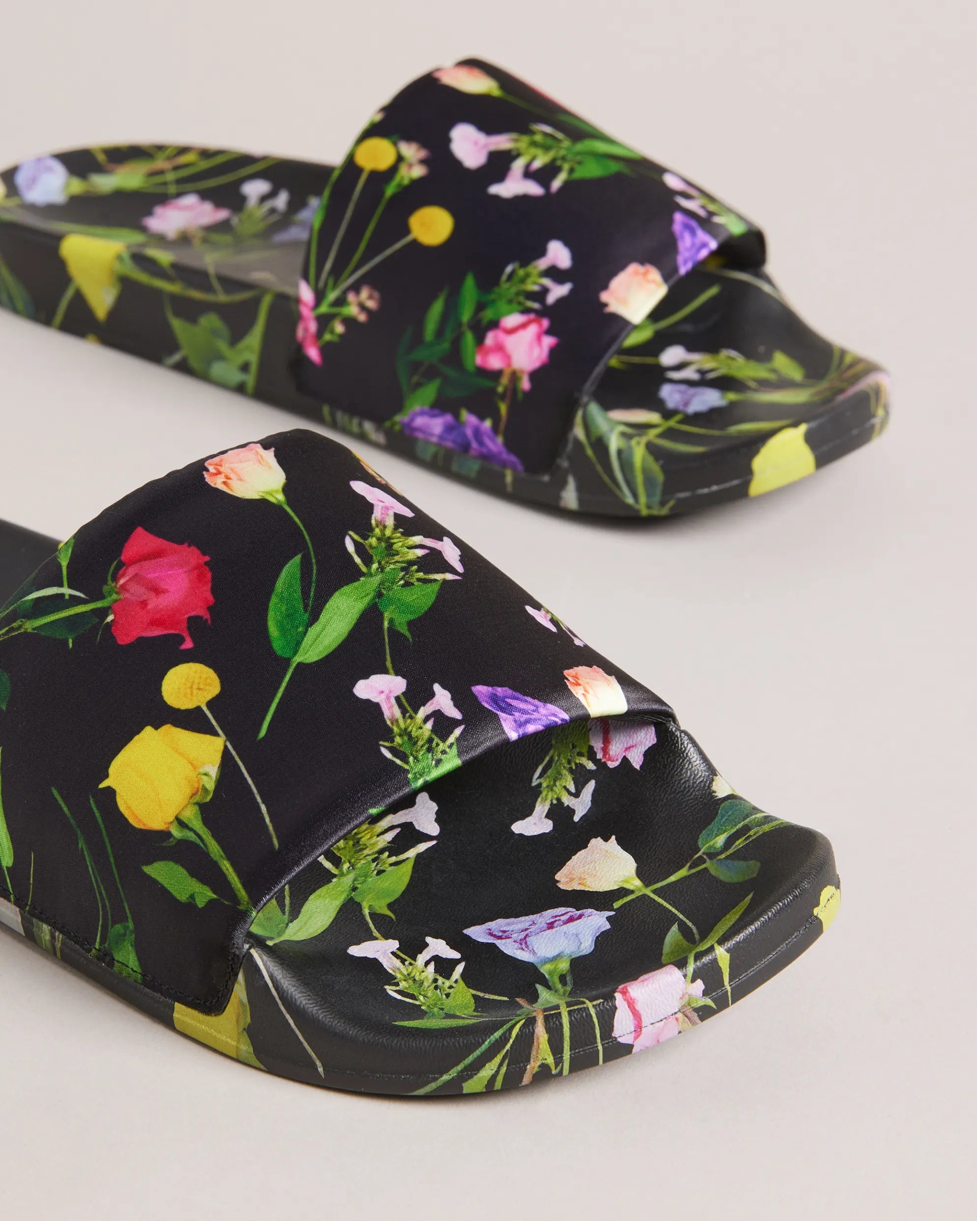 Azzi Floral Printed Satin Sliders for Women - Black Comfortable Slide Sandals for Summer, Beach, and Home Wear