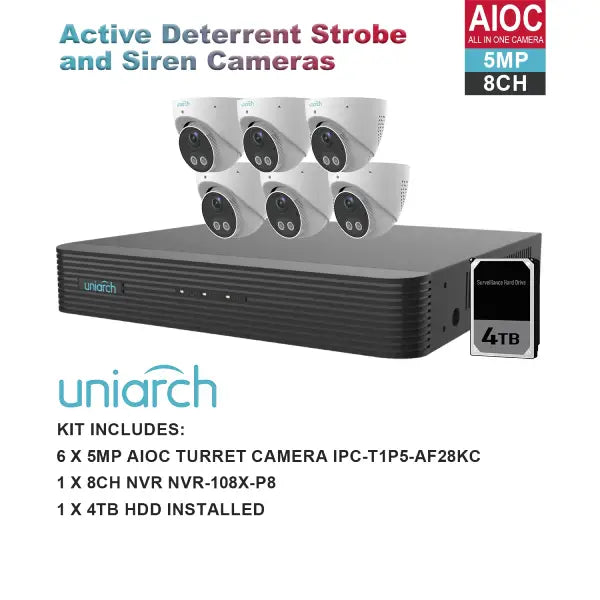Uniarch K5086AIOC 5MP 8 Channel NVR CCTV Security Camera System with Active Deterrent - Home & Business Surveillance for Indoor/Outdoor Protection