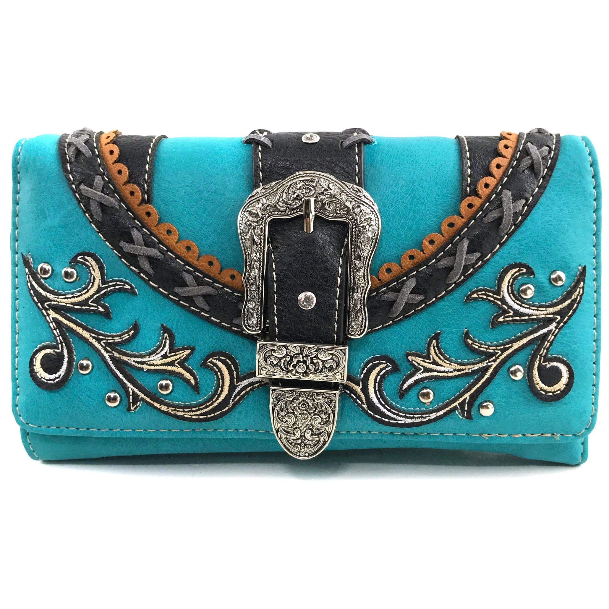 Zelris Western Style Floral Buckle Crossbody Trifold Wallet for Women - Turquoise Leather Purse | Perfect for Travel, Shopping & Everyday Use