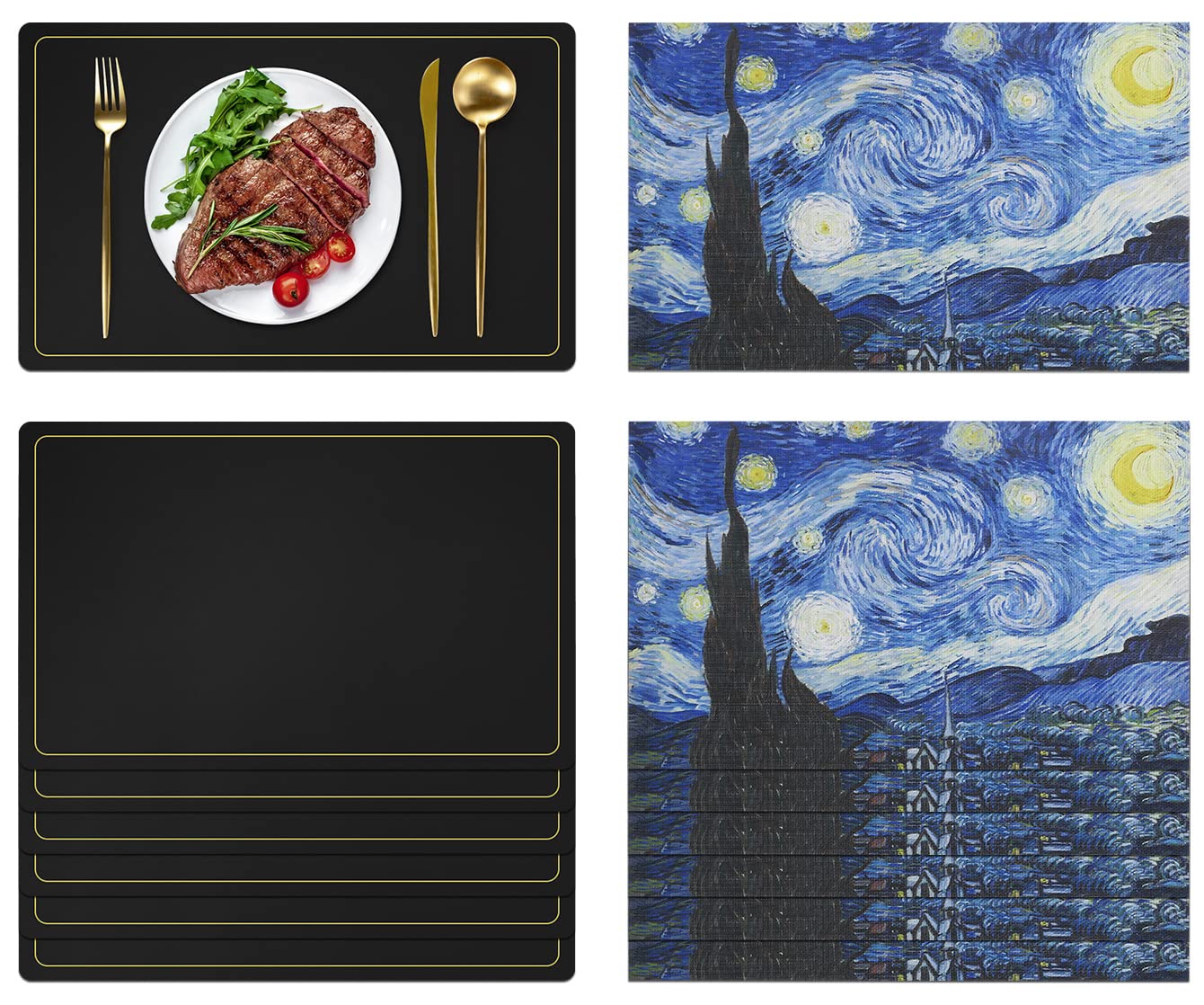 Starry Night Black Leather & Vinyl Placemats Set of 6 - Washable & Wipeable Table Mats for Dining, Christmas & New Year Decor - Perfect for Holiday Dinner Parties & Everyday Elegant Table Settings
