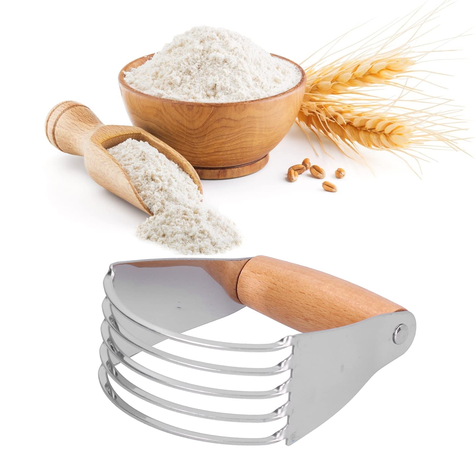 Professional Pastry Blender with Strong Thick Blade - Wood & Blue Dough Cutter for Baking Pies, Biscuits & Pastries - Ergonomic Soft Handle Fits All Hand Sizes - Perfect for Home Bakers & Professional Chefs (Ideal for Mixing Dough, Cutting Butter into Flour, and Creating Flaky Pastry Textures)