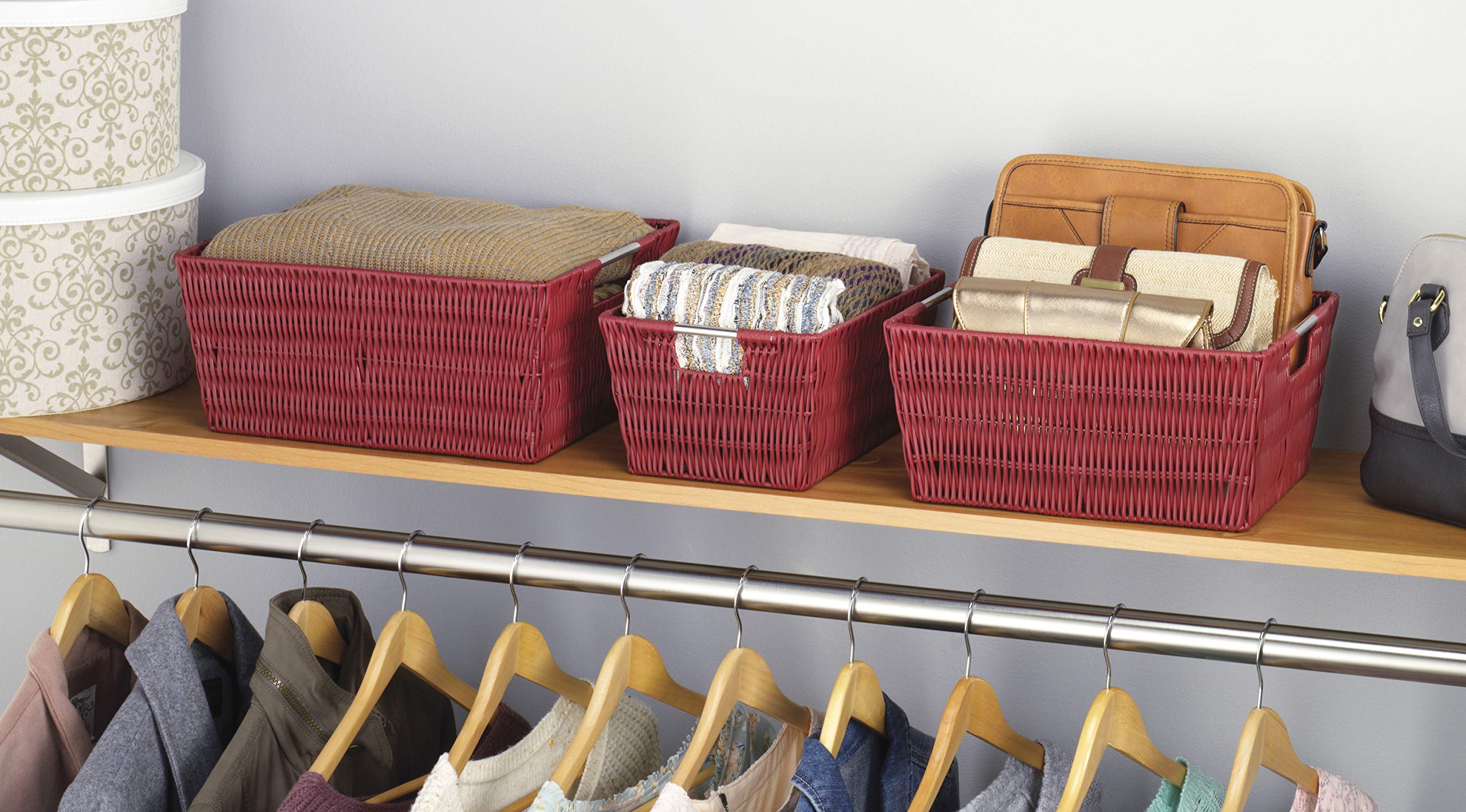 Whitmor 3-Pack Large Woven Storage Baskets - Red, Organize Shelves, Pantry & Home - Perfect for Bedroom, Bathroom & Closet Organization