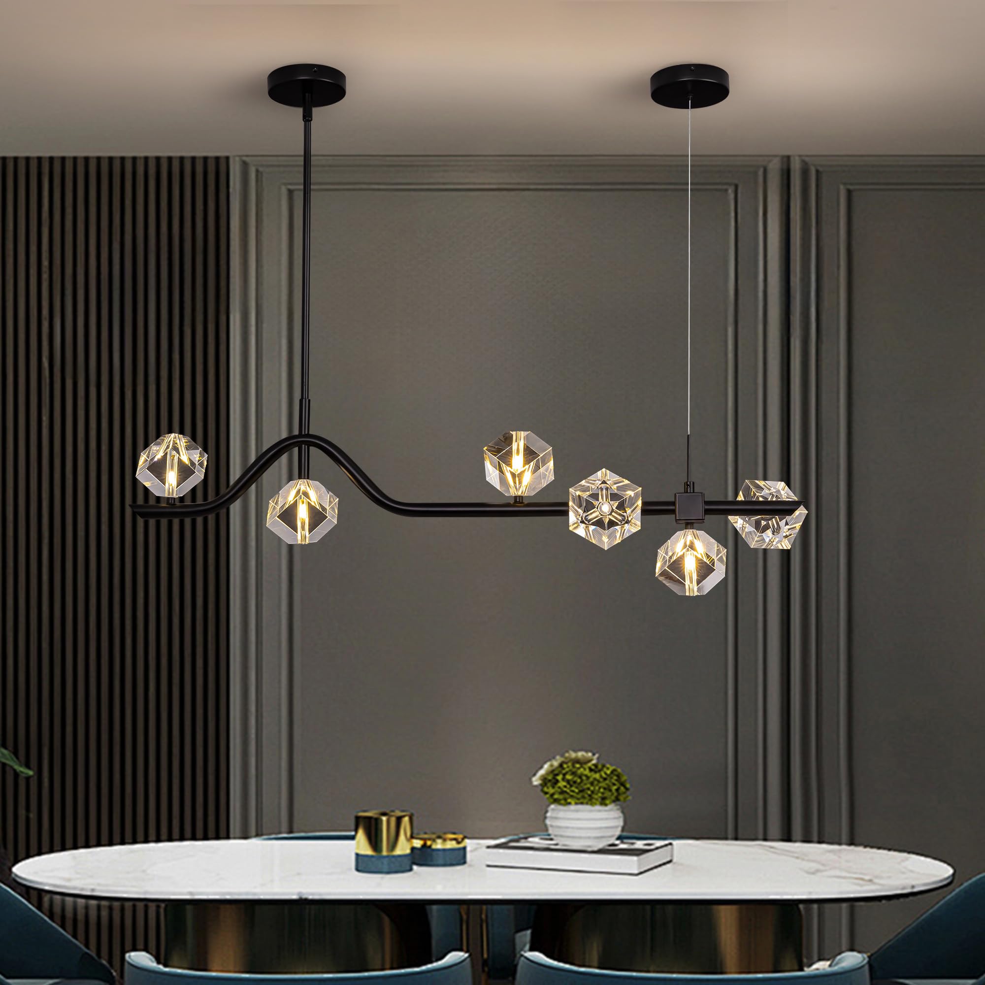 Modern 6-Light Black Crystal Chandelier for Dining Room, Living Room & Kitchen Lighting, Elegant Ceiling Light Fixture Over Table, Perfect for Home Decor and Ambient Illumination