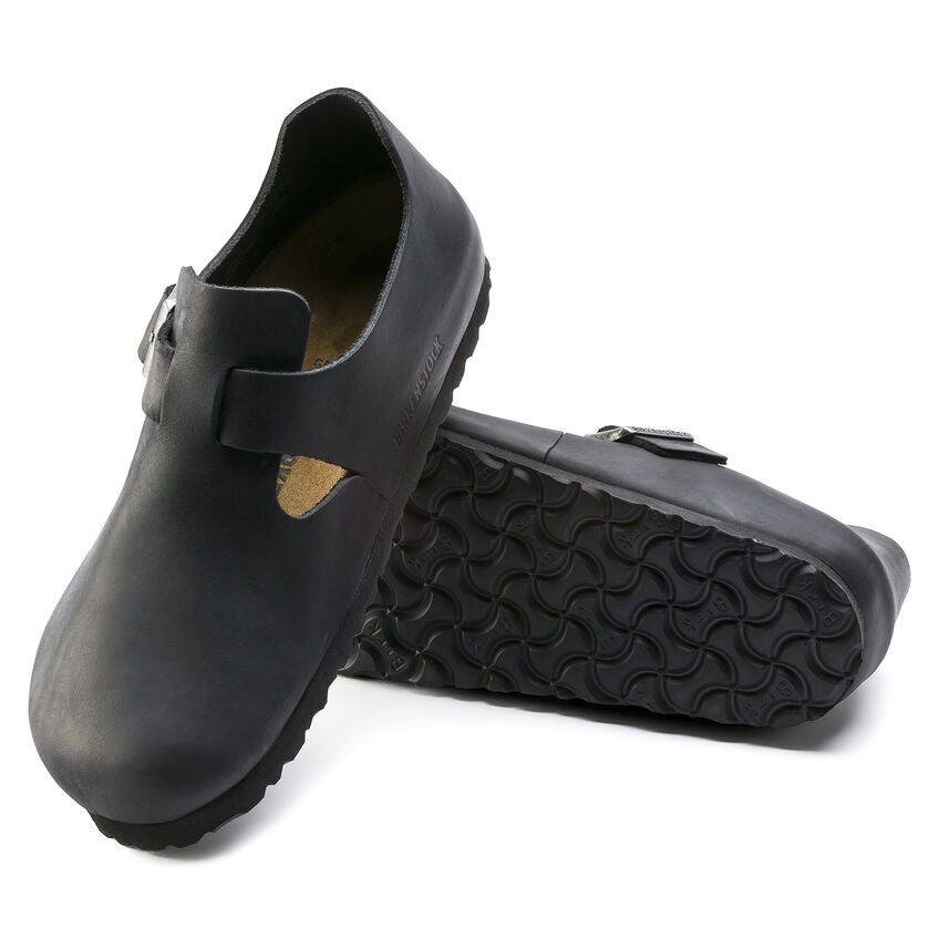 Birkenstock London Oiled Leather Classic Footbed Sandals - Black | Comfortable & Durable Leather Slides for Men & Women | Perfect for Casual Wear, Home & Office