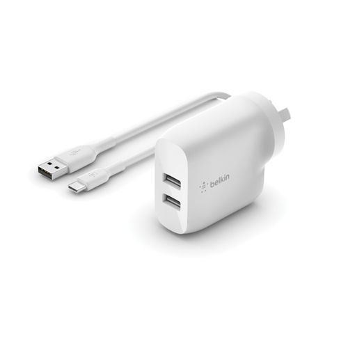 Belkin BOOSTCHARGE 24W Dual USB-A Wall Charger with USB-A to USB-C Cable - Fast Charging for iPhone, Samsung & More - Perfect for Home, Office & Travel